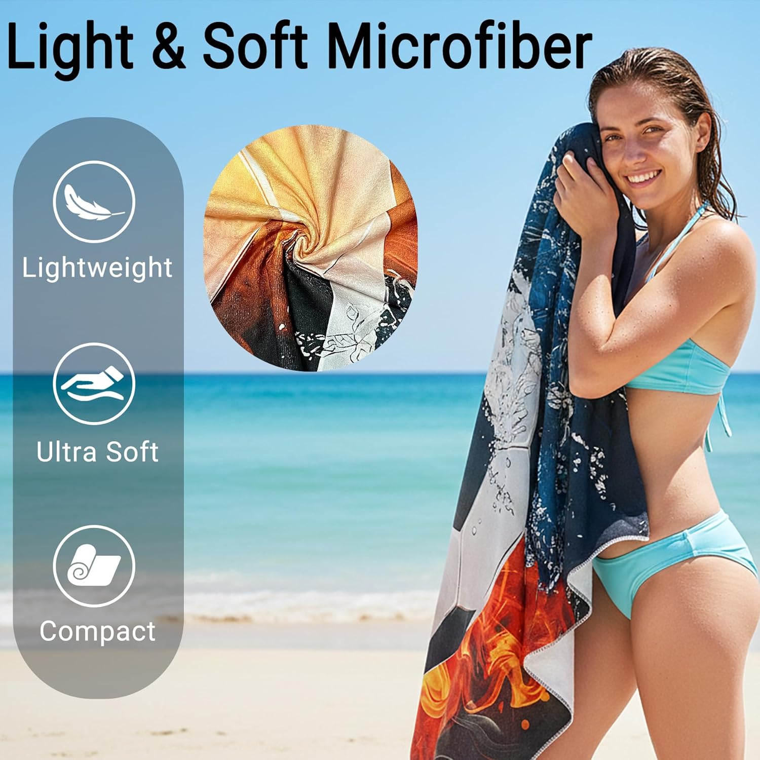 Large Soccer Beach Towel - 71" x 35" Oversized Microfiber Sand Free Quick Dry Absorbent Compact Sports Beach Towel for Pool Travel Gym Bath Camping- Cool Soccer Fan Gifts for Men Women Summer Vacation