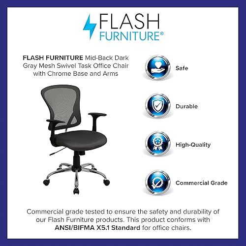 Miniatura 10 de Flash Furniture, silla de oficina de malla, altura a mitad de la espalda, negra, con base acabada en cromo, Madera rayón Poliéster, Gris oscuro