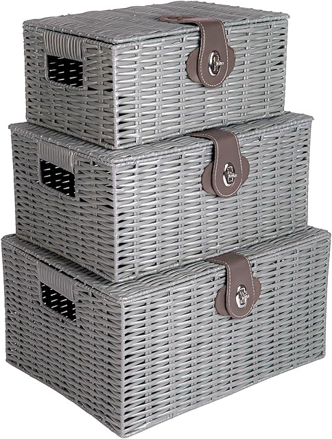 Innoteck Essentials Resin Wicker Woven Storage Baskets Hamper Box with Lid Set of 3 - Decorative Kitchen Bathroom Hamper - Portable Basket with Handle - Ideal for Home/Office & Gifts Hamper (Grey)