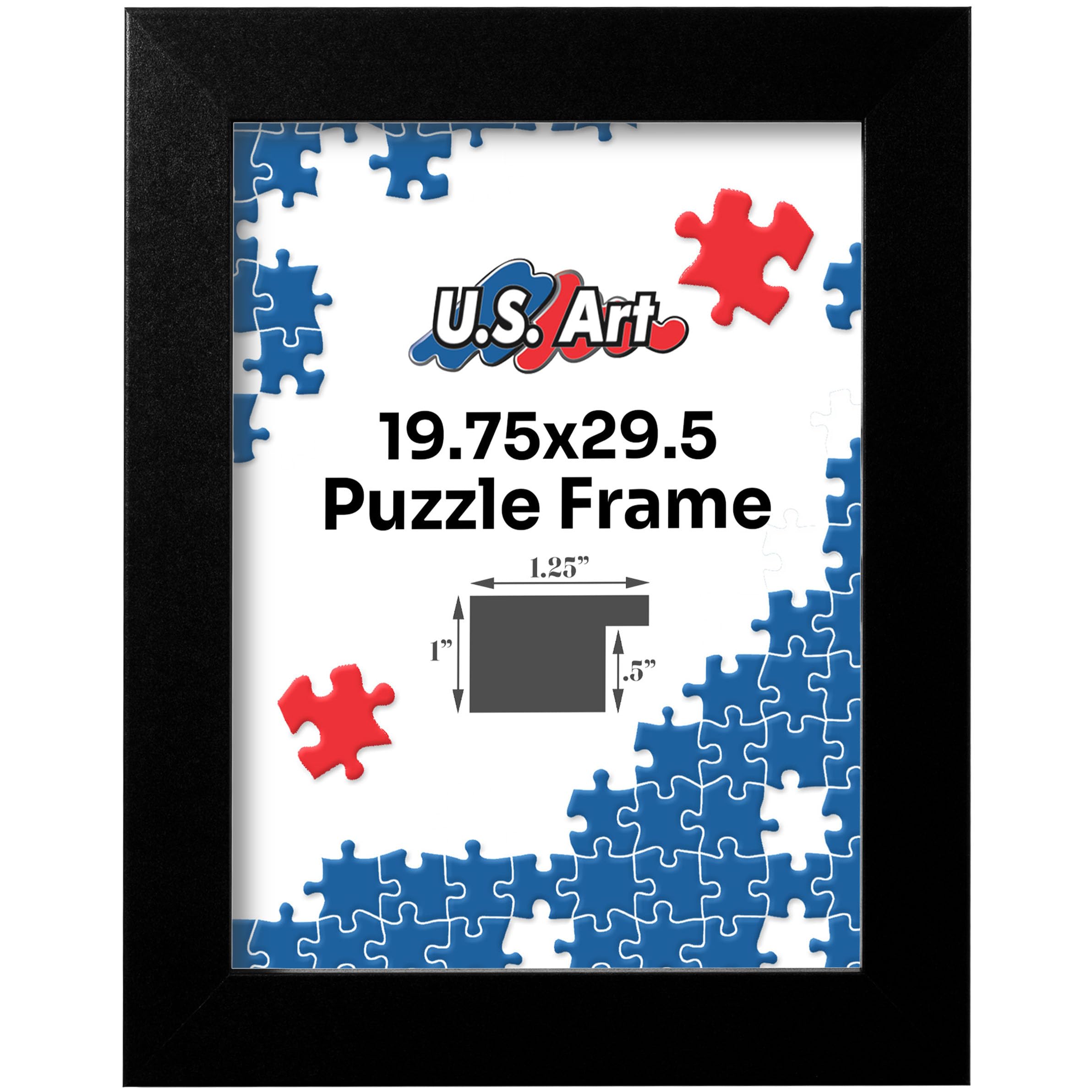 US Art Black 19.75x29.5 Puzzle Frame 1.25" Inch Wide - Handmade American Picture Frames with Preinstalled Hangers and UV Blocking Plexiglass,