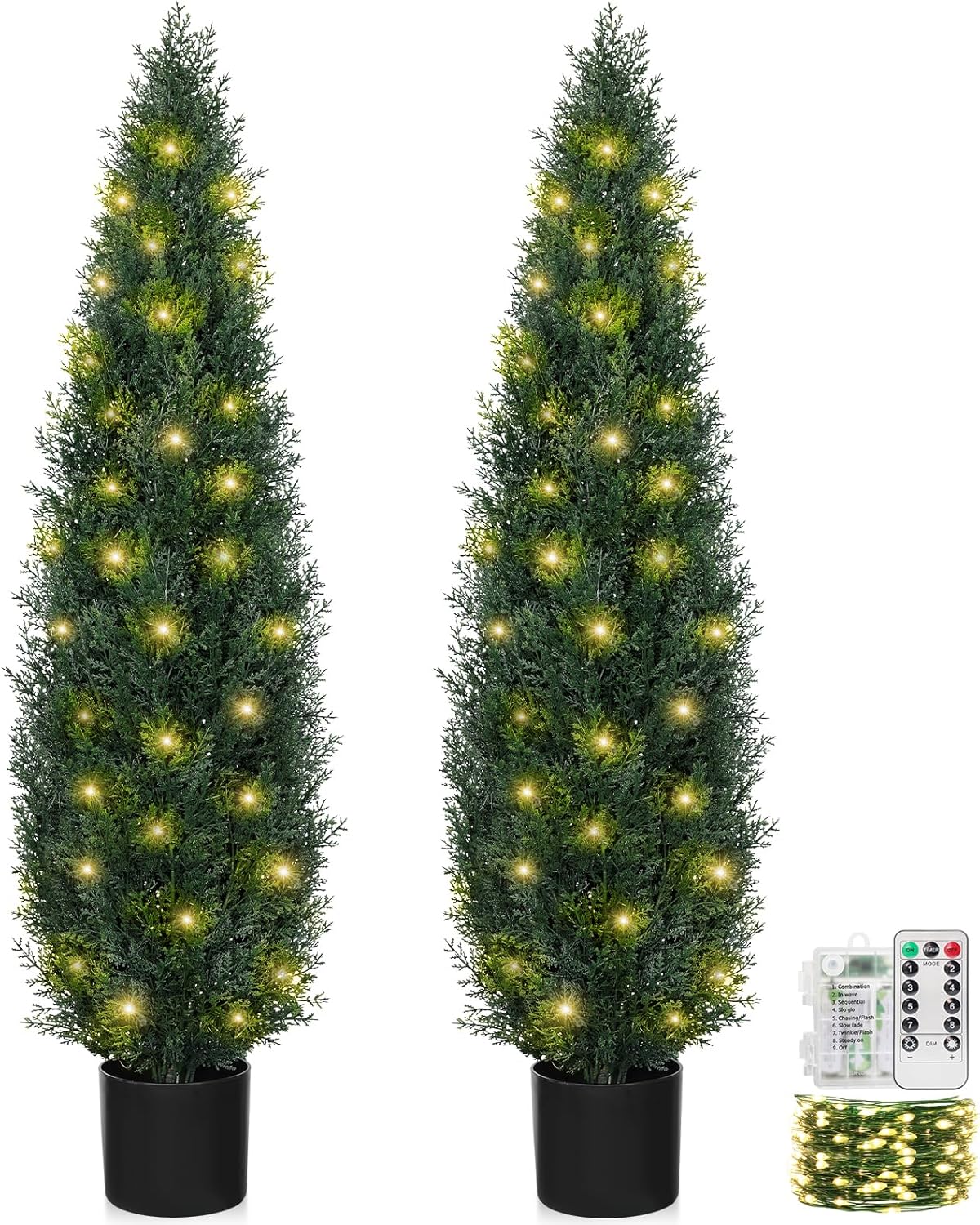 4FT Topiary Trees Artificial Outdoors 2 Pack, Two 4 Foot UV Resistant Faux Cedar Topiary Ball for Outdoor Front Porch Door, Set of 2 Fake Pine Cypress Tree with Led String Light