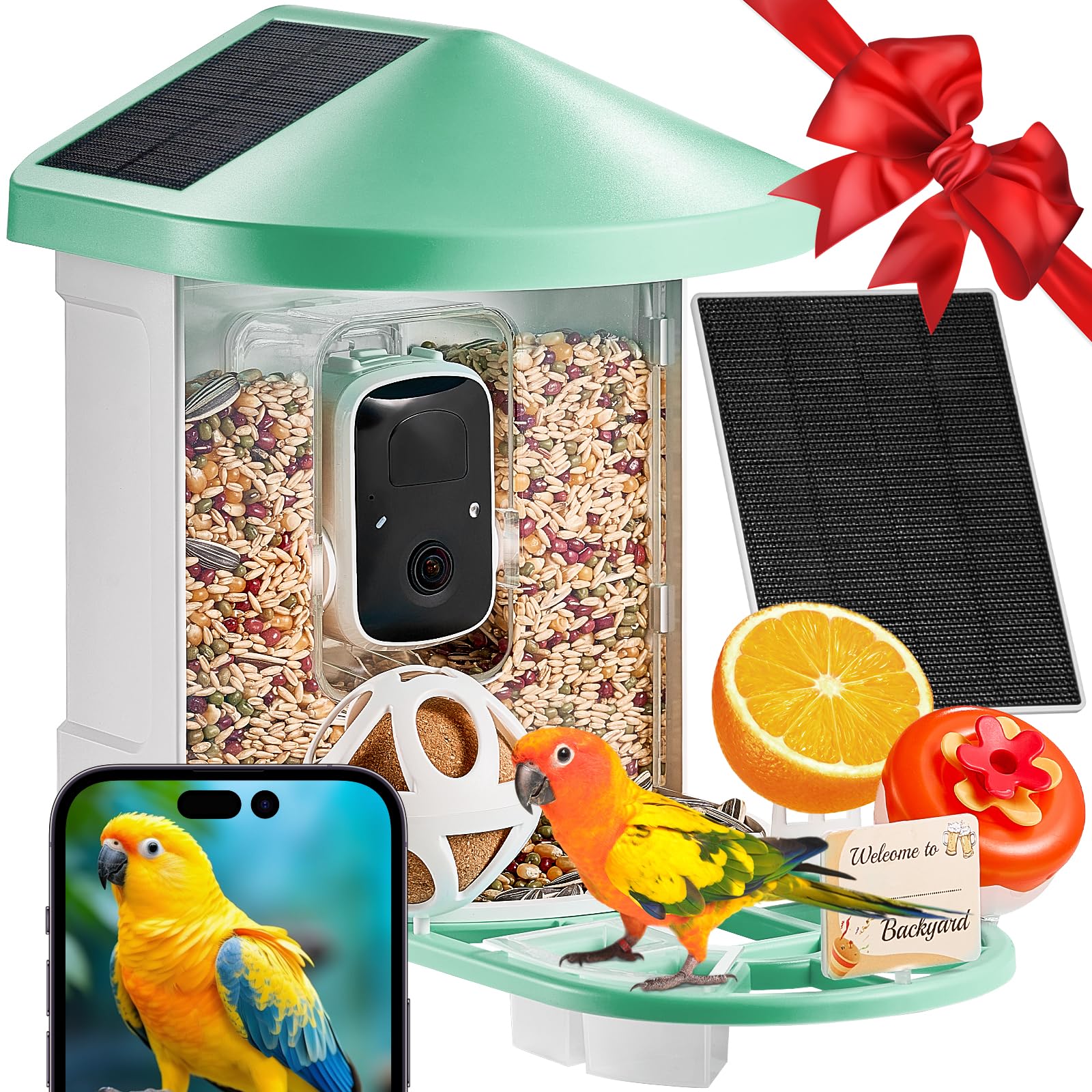 VEVOR Mangeoire Oiseaux Caméra Intelligente 2K HD AI Identifie 10000 Espèces 3 Panneaux Solaires Capture Auto Notification Extérieure Vert