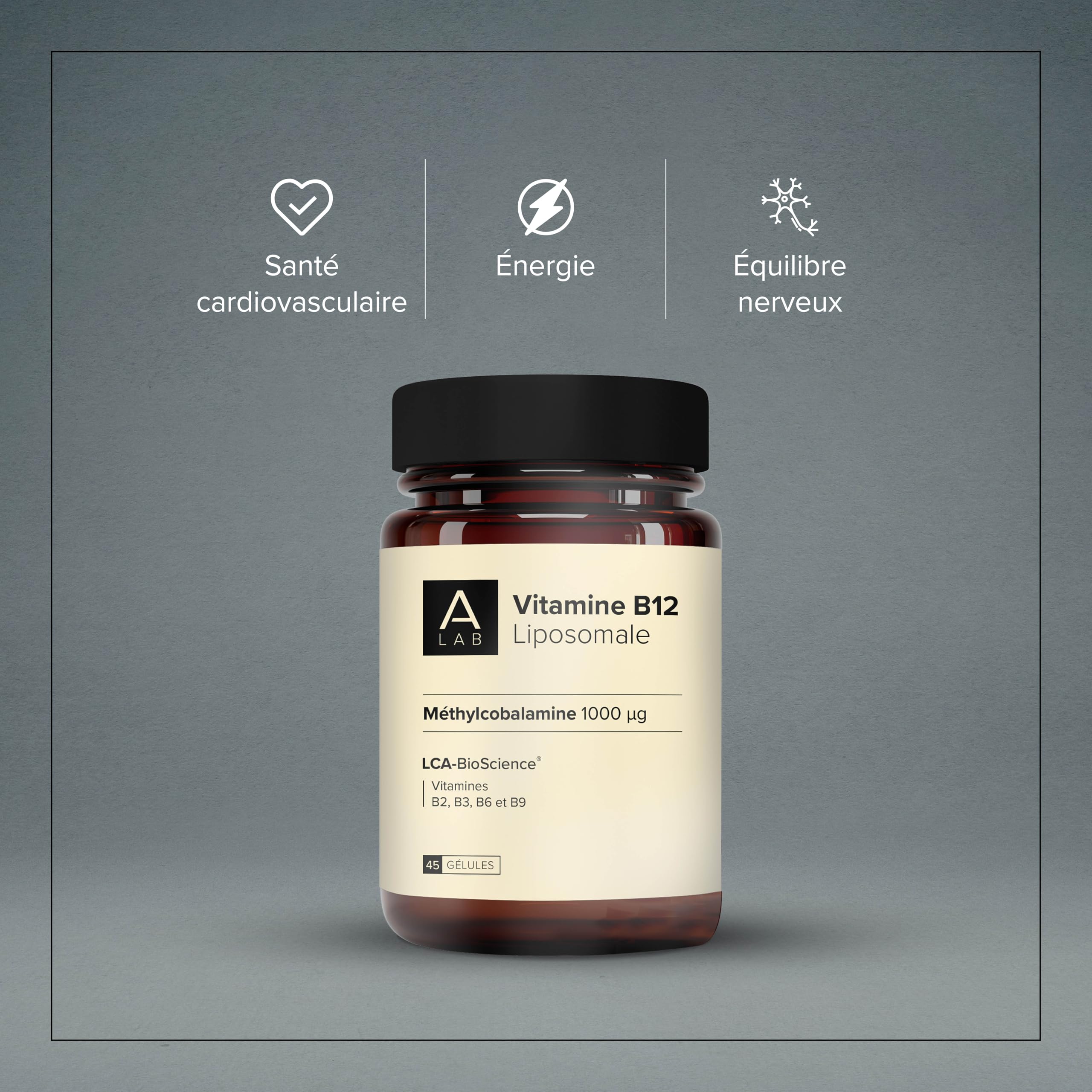A-LAB Vitamine B12 liposomale 1000µg - Assimilation renforcée - Complément Alimentaire Santé Cardiovasculaire, Système Nerveux, Energie - Vitamines B2, B3, B6, B9, B12-45 jours - Fabriqué en France