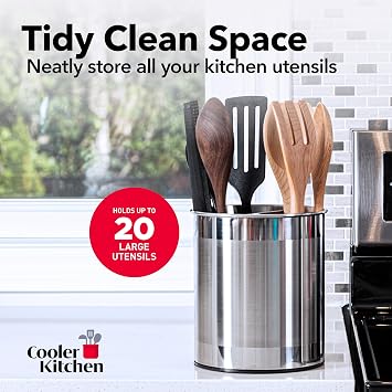 Cooler Kitchen Extra Large Rotating Stainless Steel Utensil Holder Caddy with Sturdy No-Tip Weighted Base, Removable Divider, and Gripped Insert Dishwasher Safe