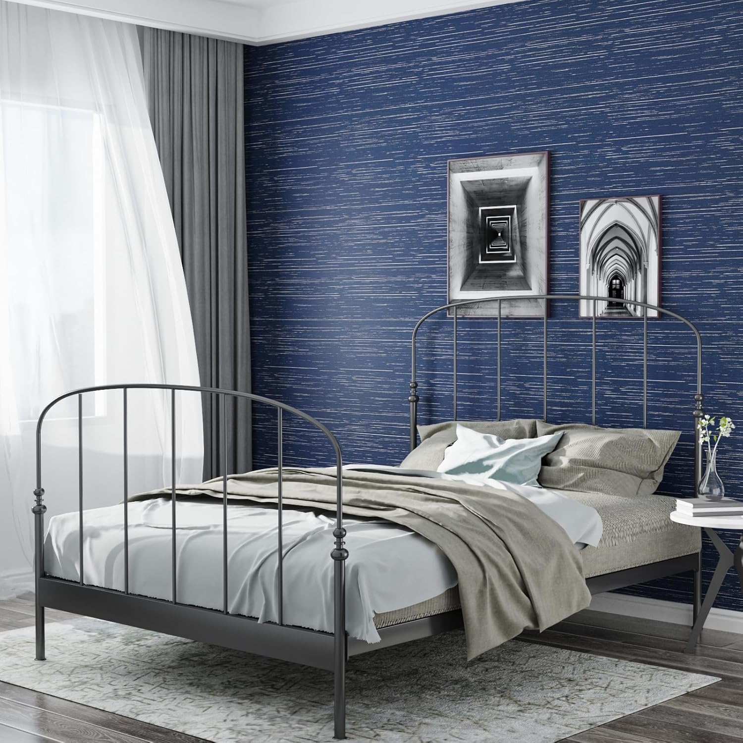 Navy Blue Grasscloth Wallpaper Peel and Stick Textured Fabric Linen Wallpaper Removable Grasscloth Contact Paper for Living Room Cabinet 11.8"x118" Self Adhesive Dark Blue Wall Covering