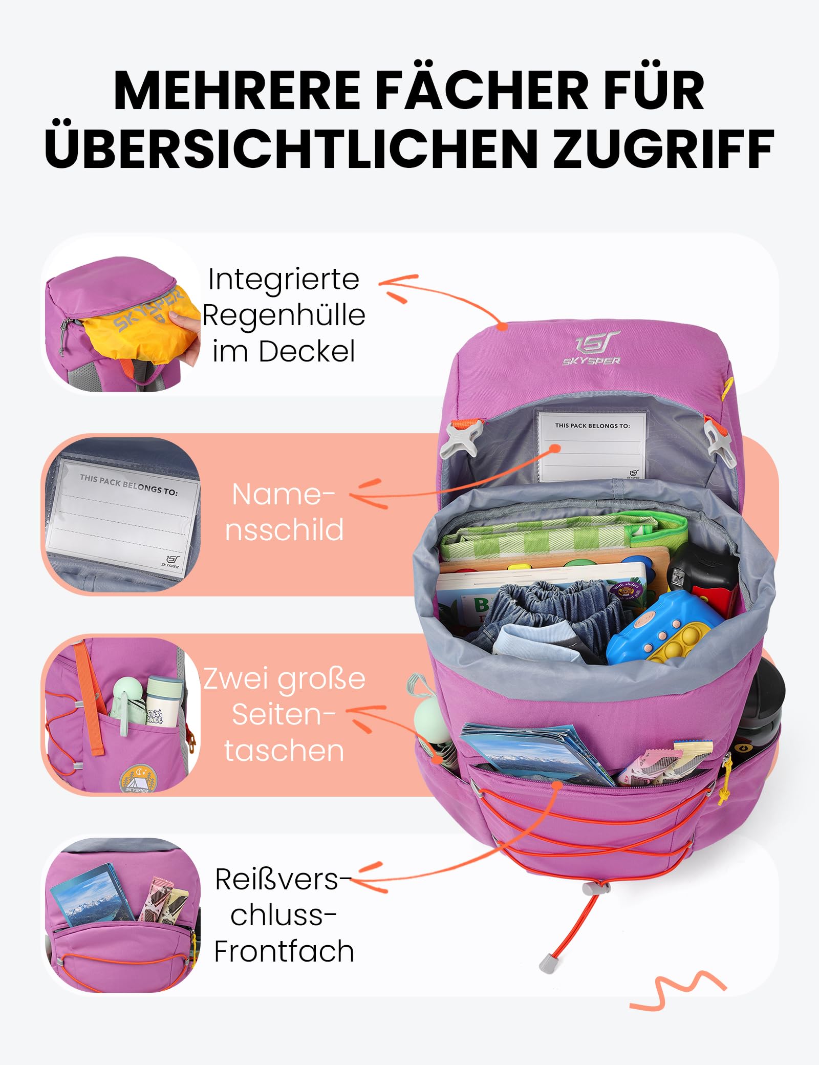 SKYSPER Kinder Wanderrucksack 18L mit Regenschutz für Mädchen Jungen Outdoor