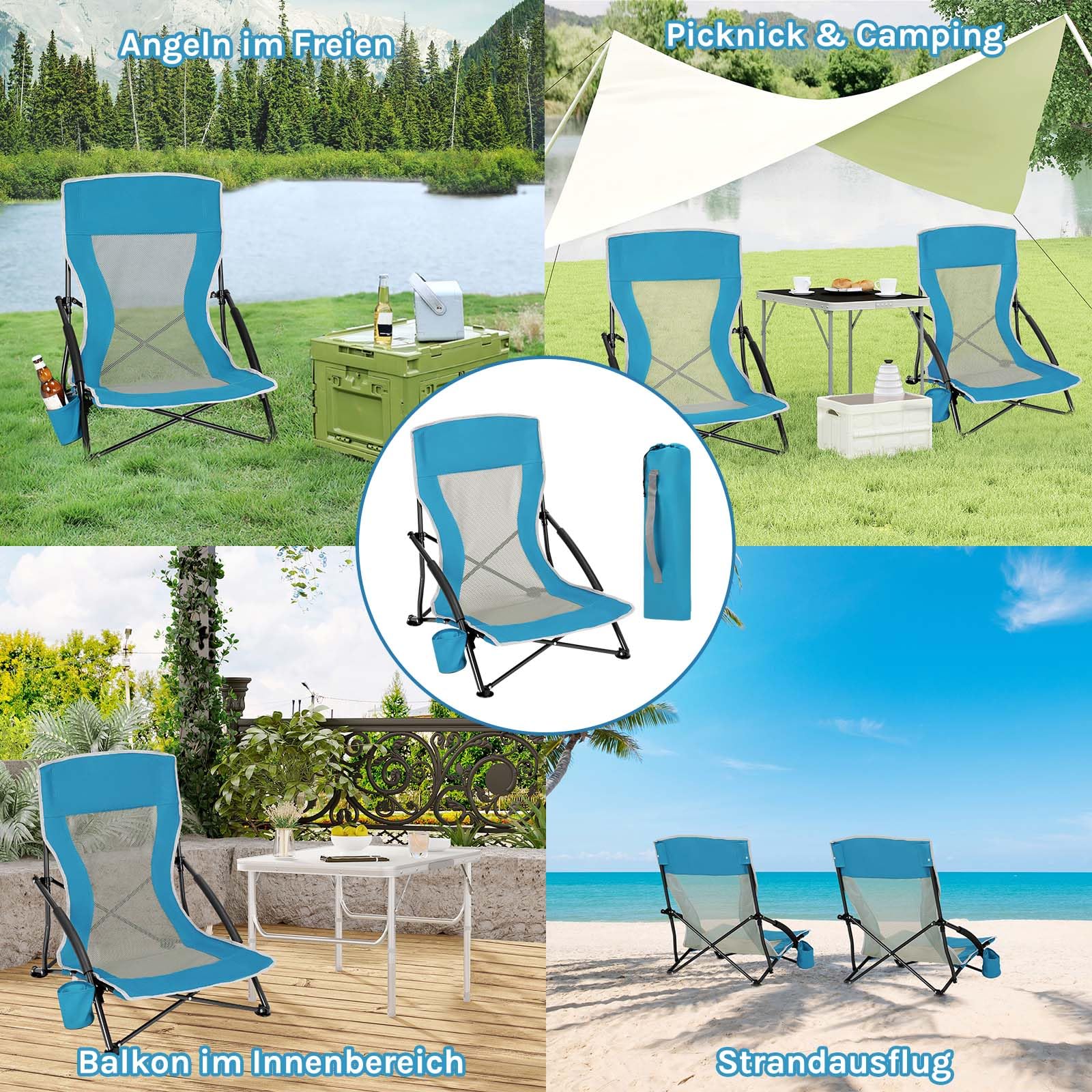 WOLTU 2er Set Klappstuhl Strand Campingstuhl Leicht Faltbar Gepolsterte Armlehnen Mesh-Rückenlehne Getränkehalter Tragetasche Blau
