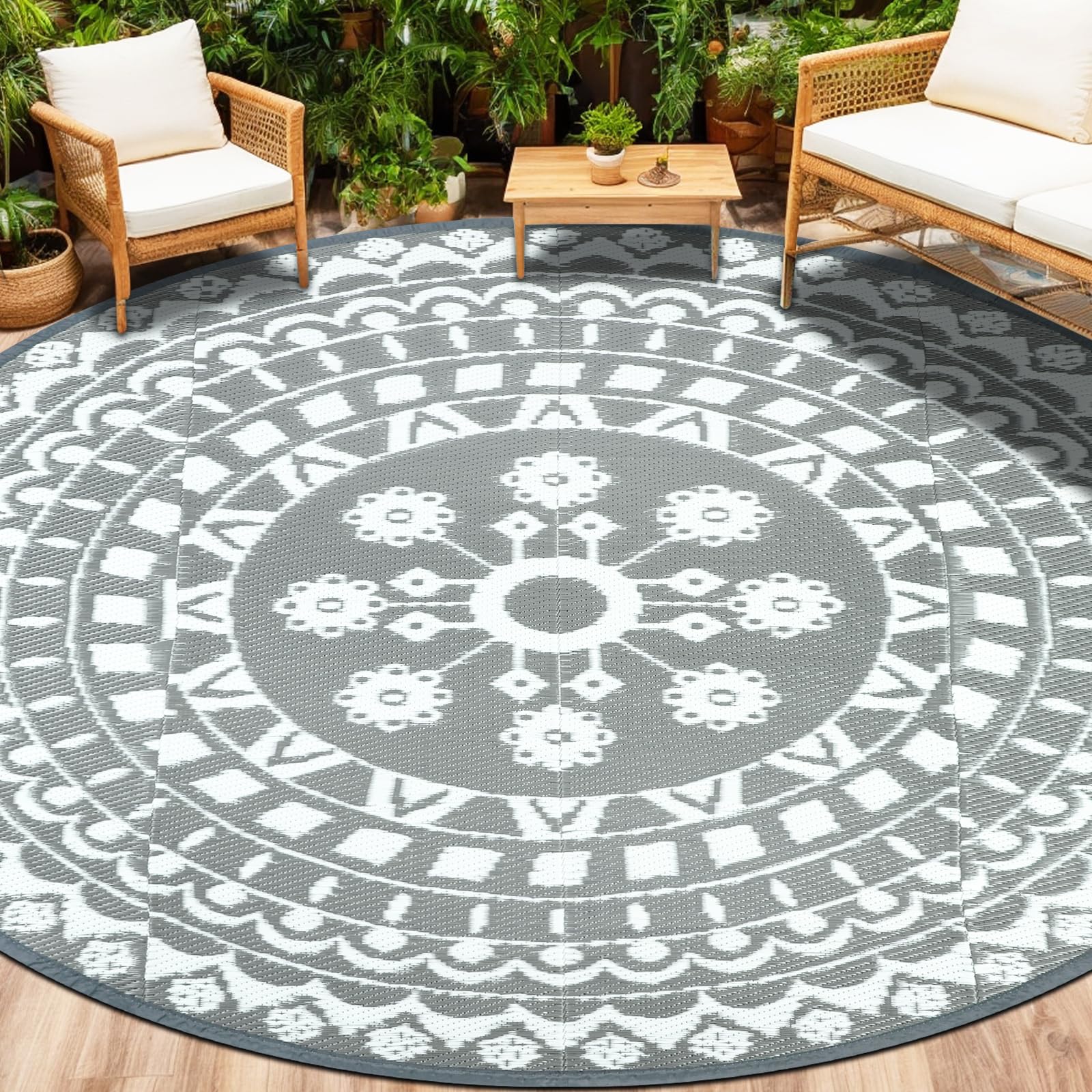 Capslpad Round Outdoor Garden Rugs ø240cm Waterproof Mat Reversible Plastic Straw Rug Boho Round Indoor Outdoor Area Rug for Garden RV Camping Balcony Backyard Balcony Deck Tent Picnic,w/Carry Bag
