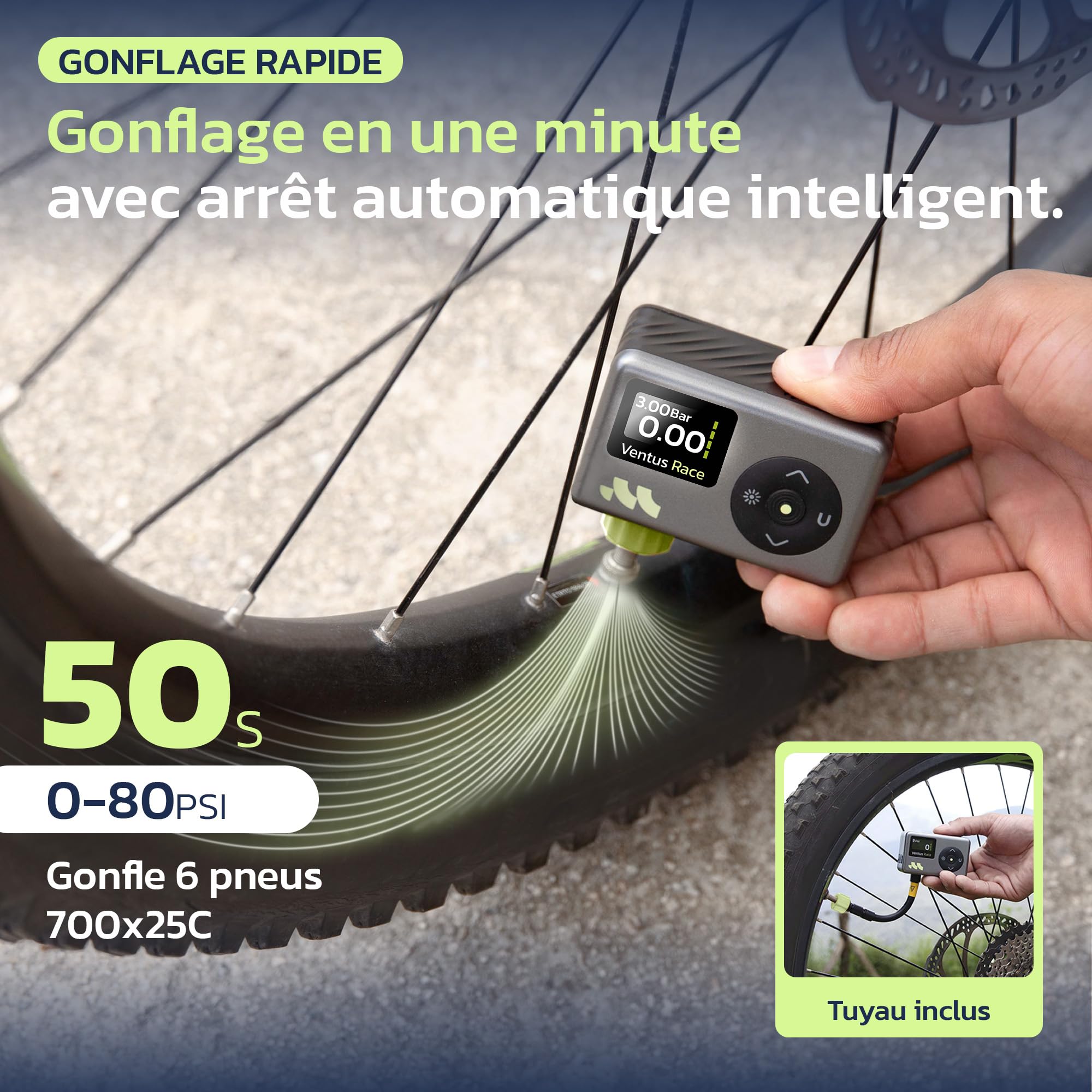 Woowind Pompe a Velo Electrique 120 PSI 8,3BAR Gonflage Rapide Mini Compresseur sans Fil