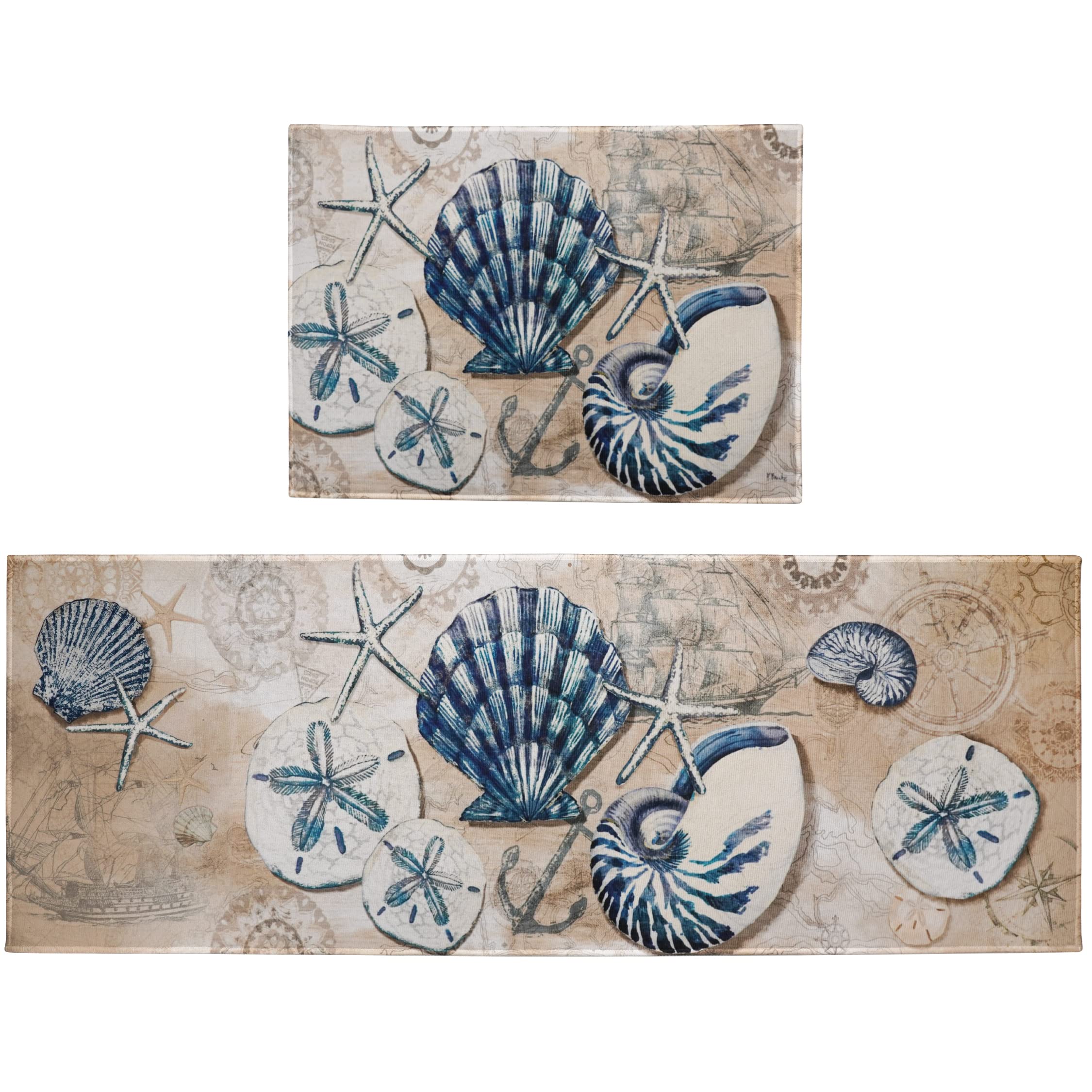 Nautical Kitchen Rugs Set 2 Piece,Ocean Theme Seashell Decorative Rugs for Kitchen, Tropical Beach Low-Profile Floor Mats Decorations for Home Kitchen (17"x48"+17"x30")