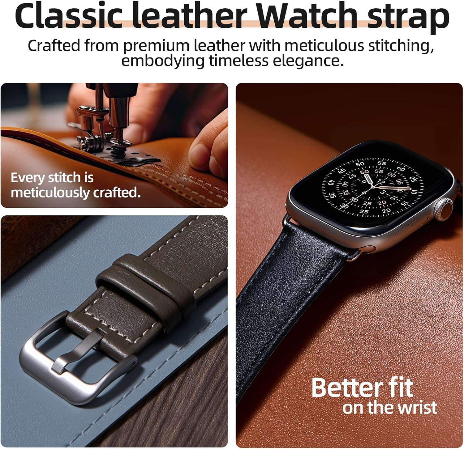BESTSURE Leather Band Compatible with Apple Watch for Men and Women, Classic Genuine Leather Watch Strap, Fits Ultra/SE/Series 11–3(49/46/45/44/42mm), Navy Blue - Image 3