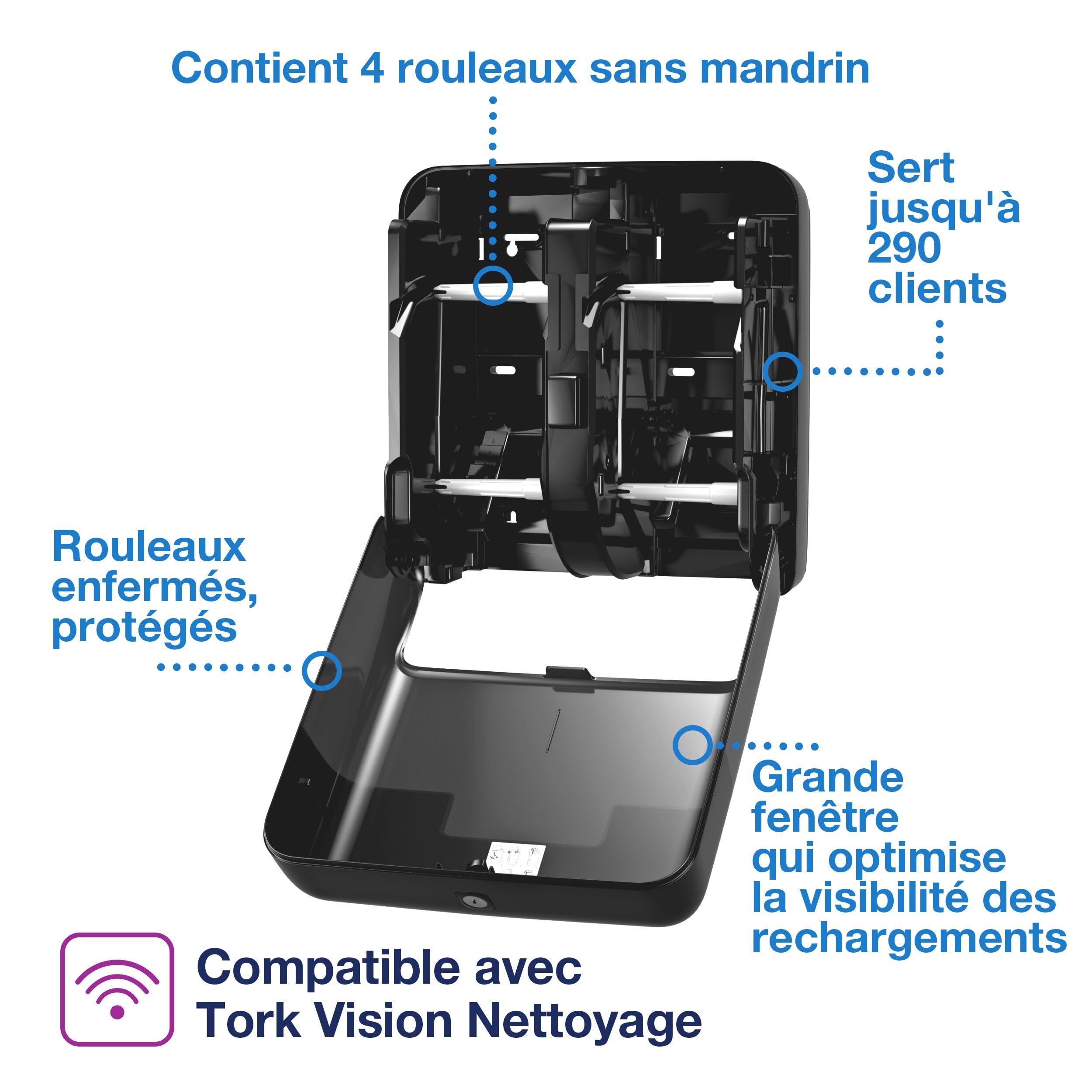 Tork OptiServe Distributeur pour Papier Toilette 4 Rouleaux sans mandrin Noir T7, Distributeur Vertical, Gamme Elevation, 558052