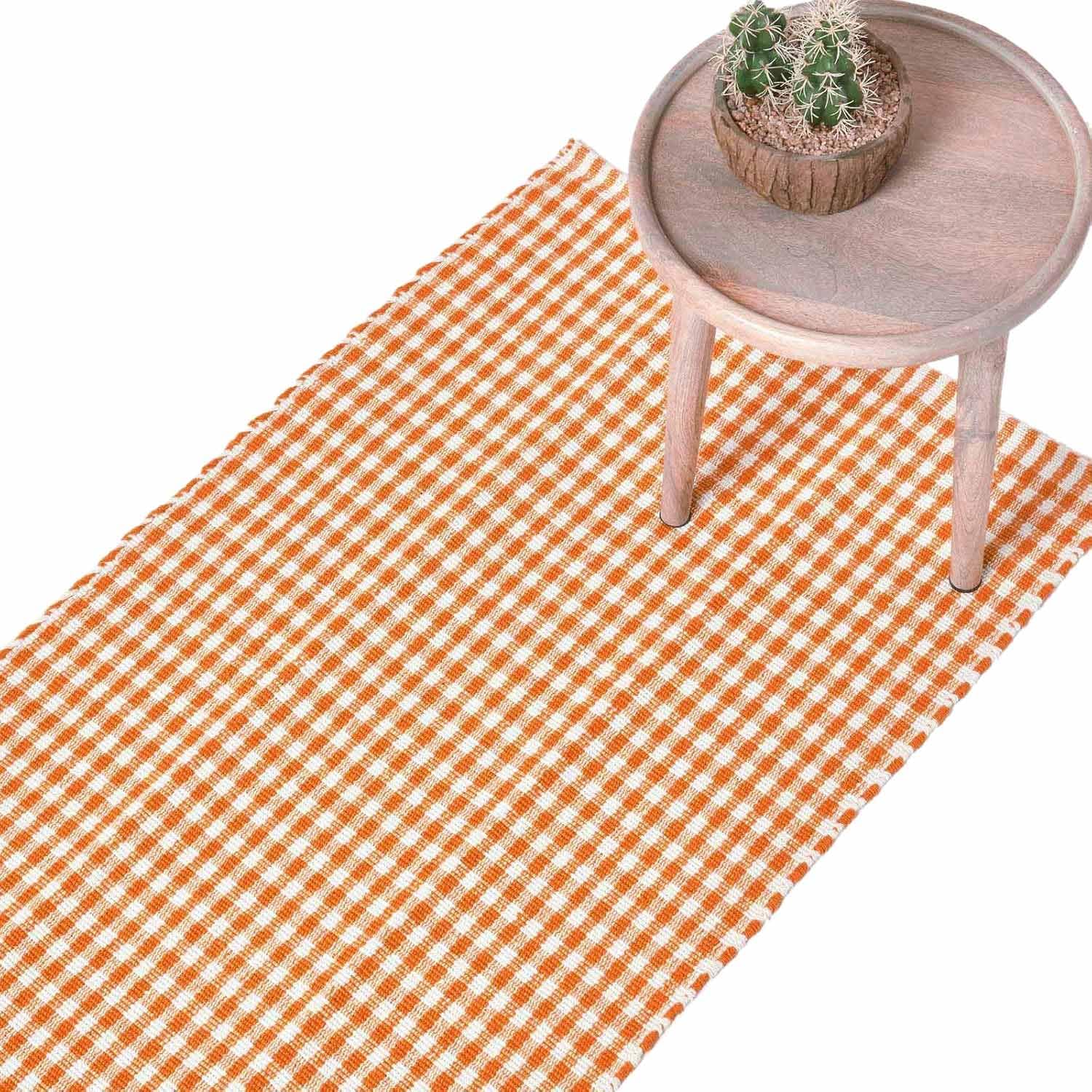 HOMESCAPES 100% Cotton Gingham Runner Handwoven Orange White 66 x 200 cm Check Hall Runner for Living Room Bedroom and Hallway — image 1