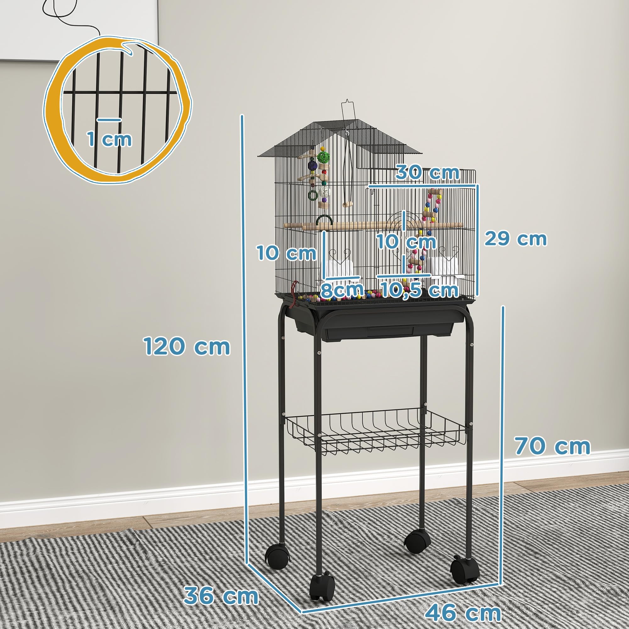 PawHut Cage à Oiseaux sur Roues 46 x 36 x 120 cm 2 mangeoires 2 perchoirs étagère Cage pour Perruche calopsitte Conure Pinson canaris
