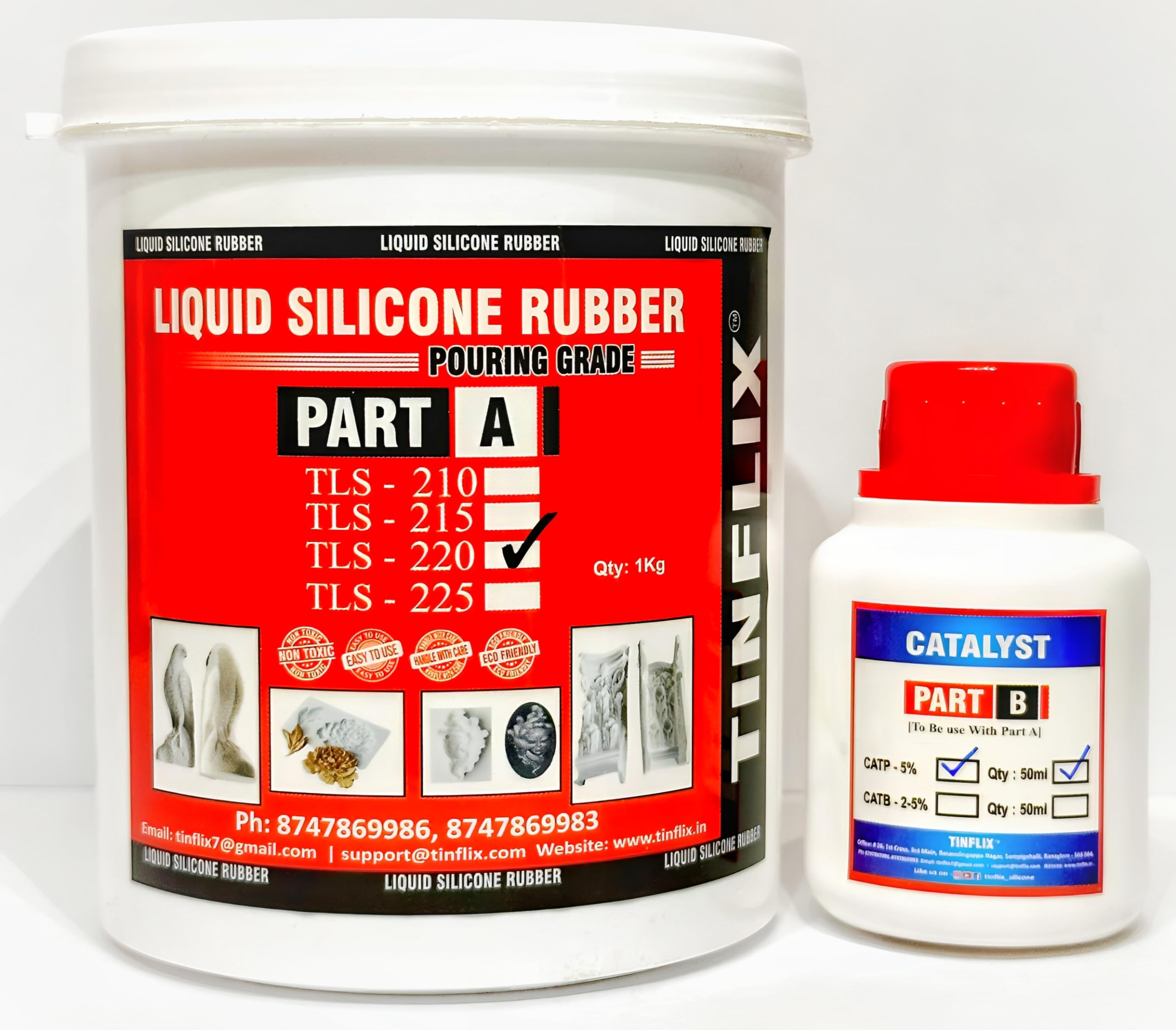 TINFLIX TLS - 220 (20% Hardness) Liquid Silicone Rubber for Fiber Casting, POP Mould Making Applications (Qty- 1kg Silicone & 50ml Catalyst)