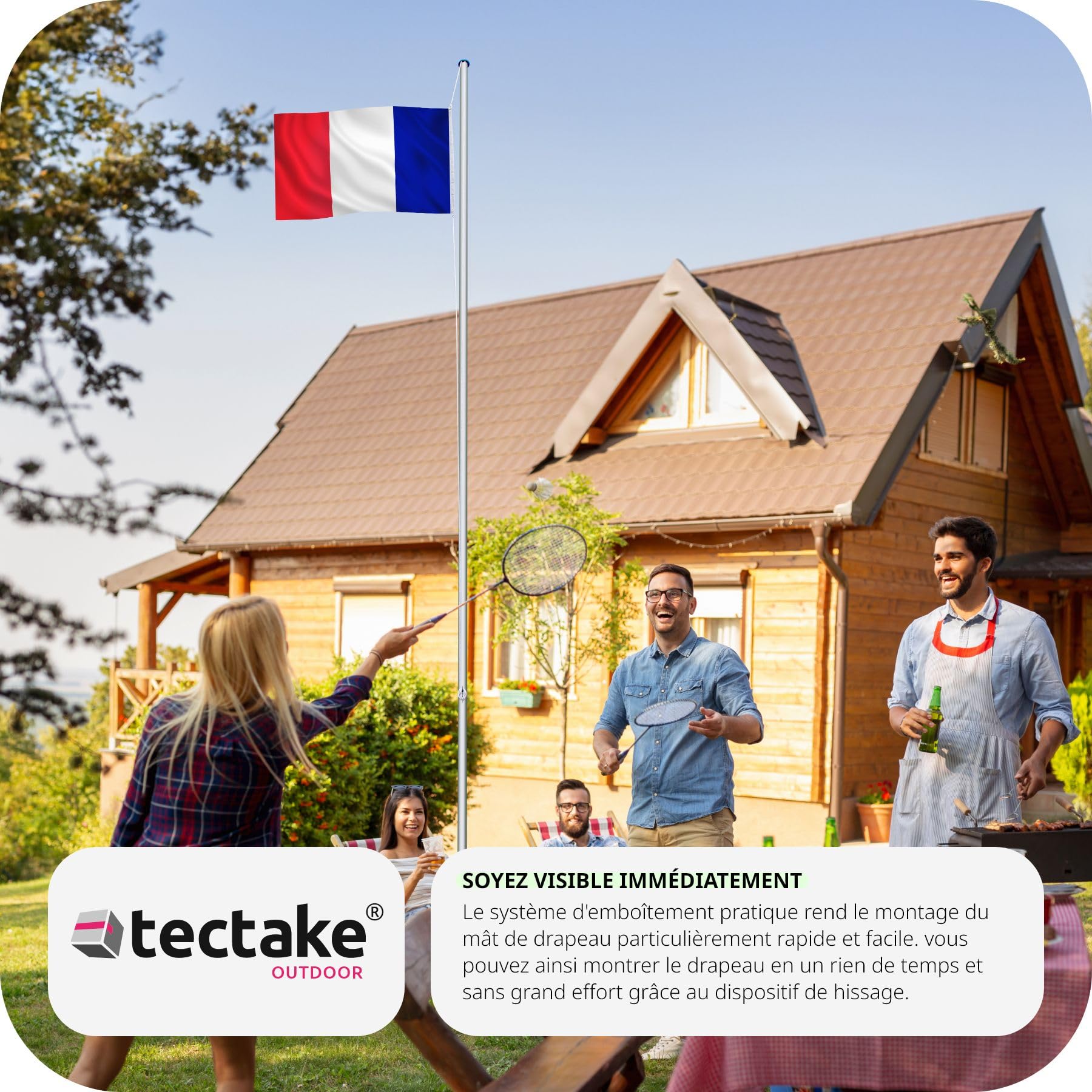 tectake® Mat de Drapeau Téléscopique en Aluminium Hauteur Réglable max. 625 cm avec Drapeau, Douille au Sol et Corde pour Évènements sportifs Football Rugby - 16 Pays au choix - Drapeau francais
