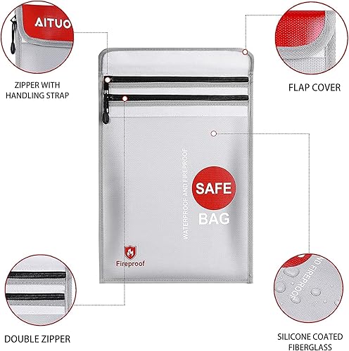 Miniatura 6 de Bolsas impermeables ignífugas, dos bolsillos, bolsa de documentos ignífuga (2000 ℉) con cierre de cremallera, bolsa de dinero segura, adecuada para