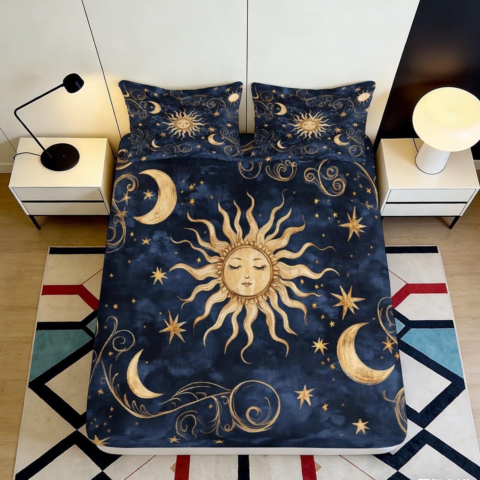 Jqzkxnhpbr Style-2 3D Printed Sun Moon Fitted Sheet Microfiber Navy Blue Celestial Mattress Cover For Bedroom Dorm Decor 90X200x25cm