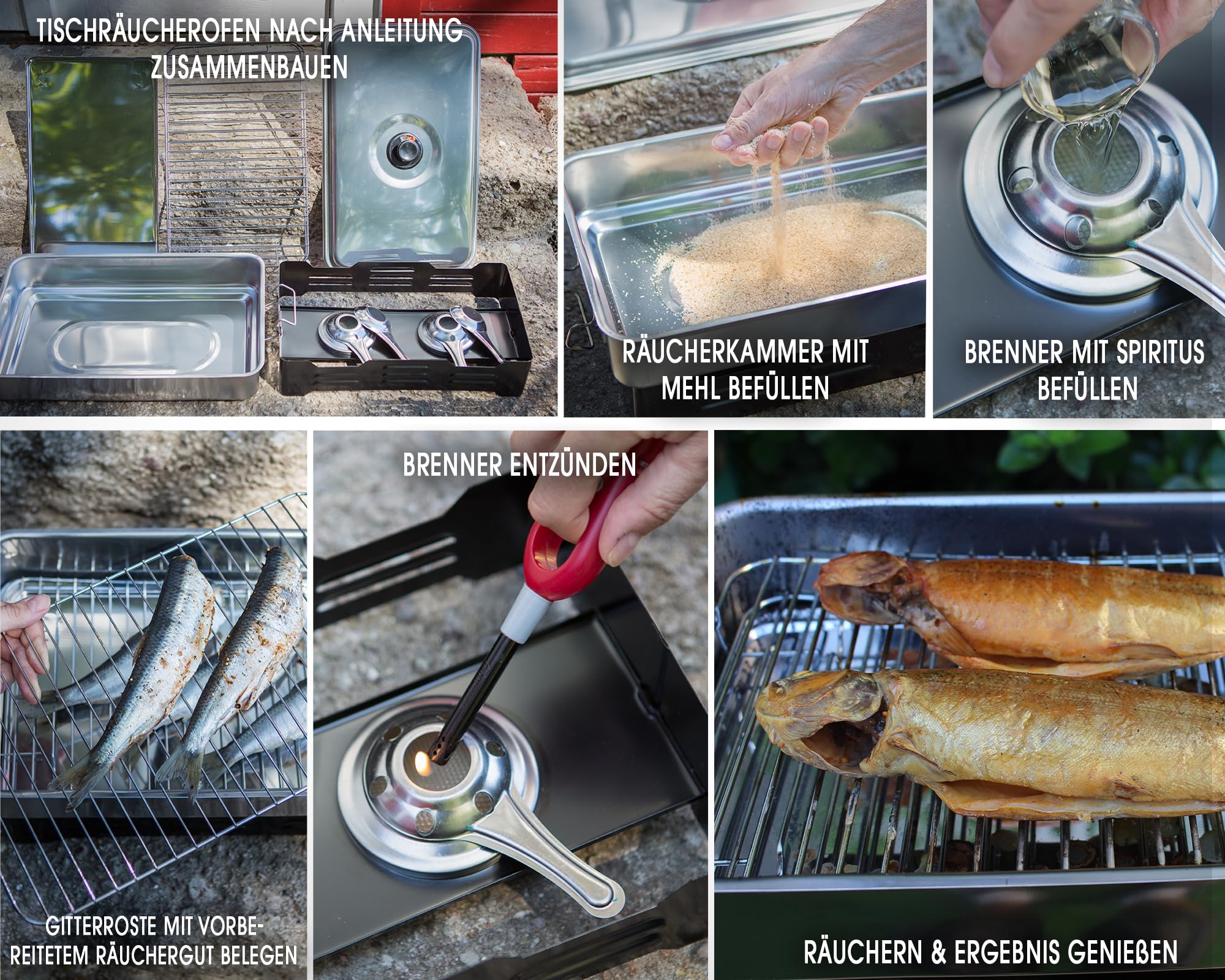 Angel-Berger Deluxe Tischraeucherofen mit Zubehoer Edelstahl Smoker Räucherofen mit Räuchermehl Räucherlauge Räucheranleitung Räucherset