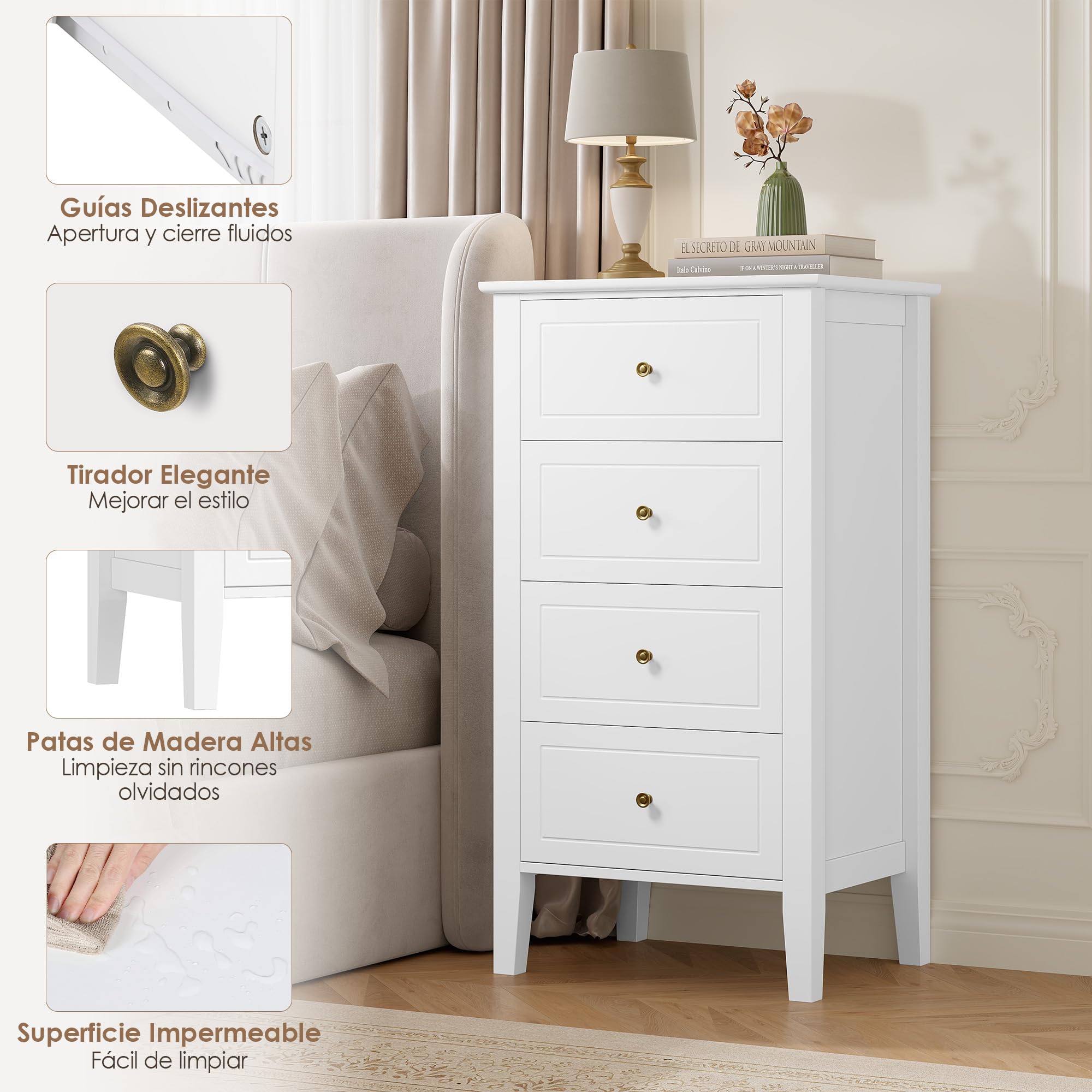 FOREHILL Sinfonier Dormitorio Alto Comodas y Cajoneras Dormitorio 4 Cajones | Comoda, Sinfonier Blanco, Cajonera Blanca, para Salón, Baño, Madera, 50x40x95cm