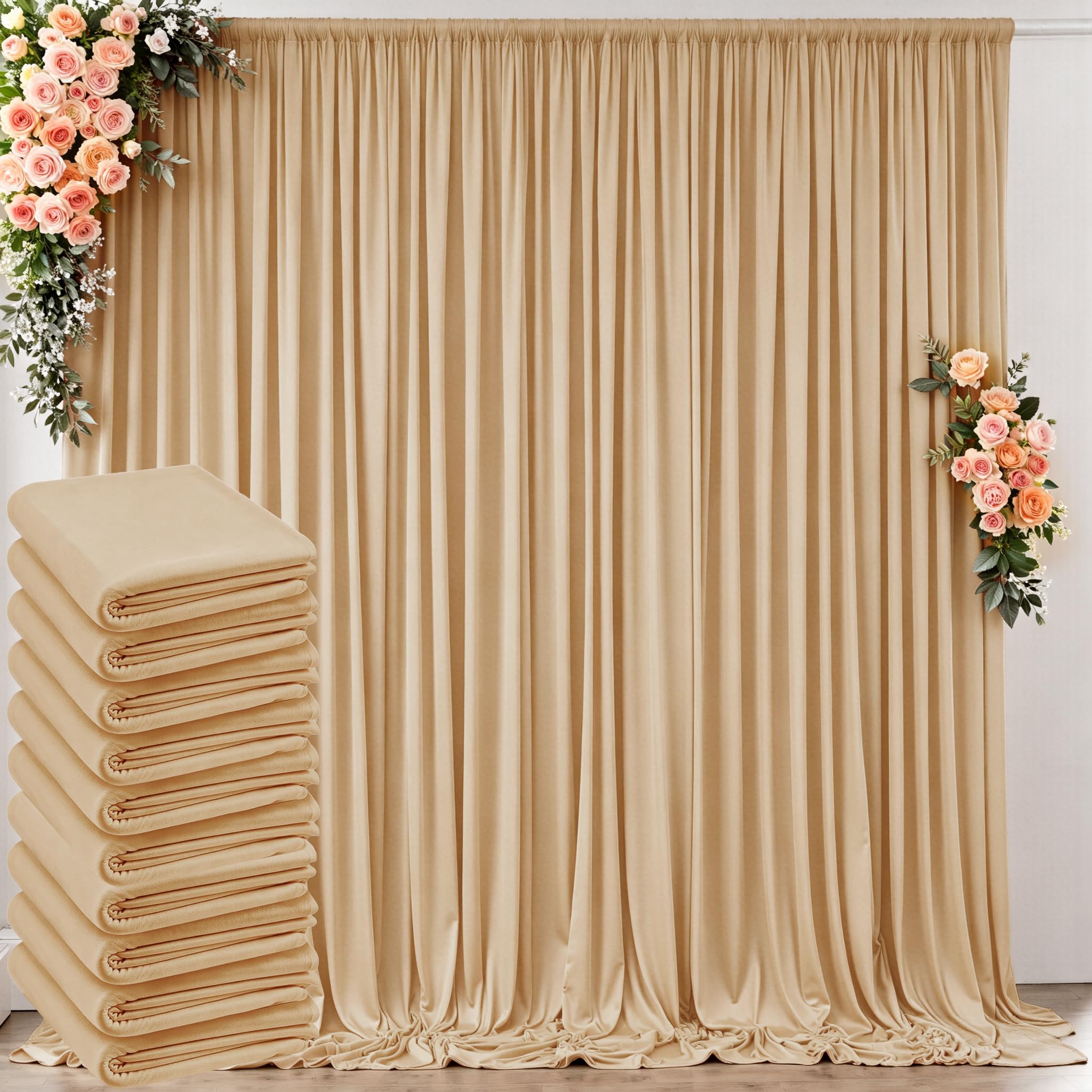 Photo 1 of 50 ft x 10 ft Wrinkle Free Champagne Backdrop Curtain for Parties, 10 Panels 10ft Polyester Champagne Photo Backdrop Drapes for Graduation Birthday Wedding Party Stage Curtains