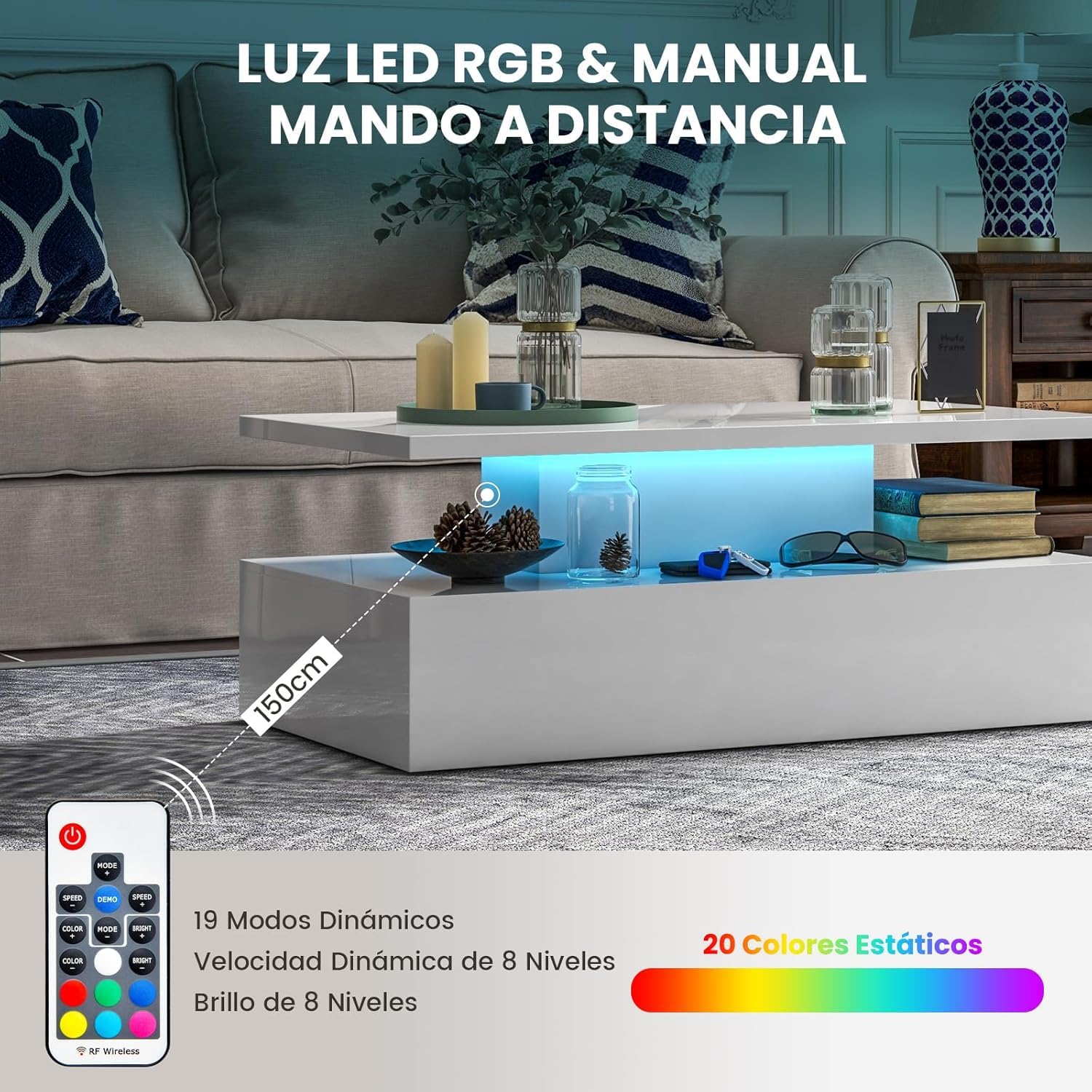 GOPLUS Mesa de Centro Con Luces LED, 2 Niveles, 19 Modos, 20 Colores, 8 Velocidades y Brillos Ajustables, Mando a Distancia, Rectangular, 110 x 60 x 40 cm (Blanco)