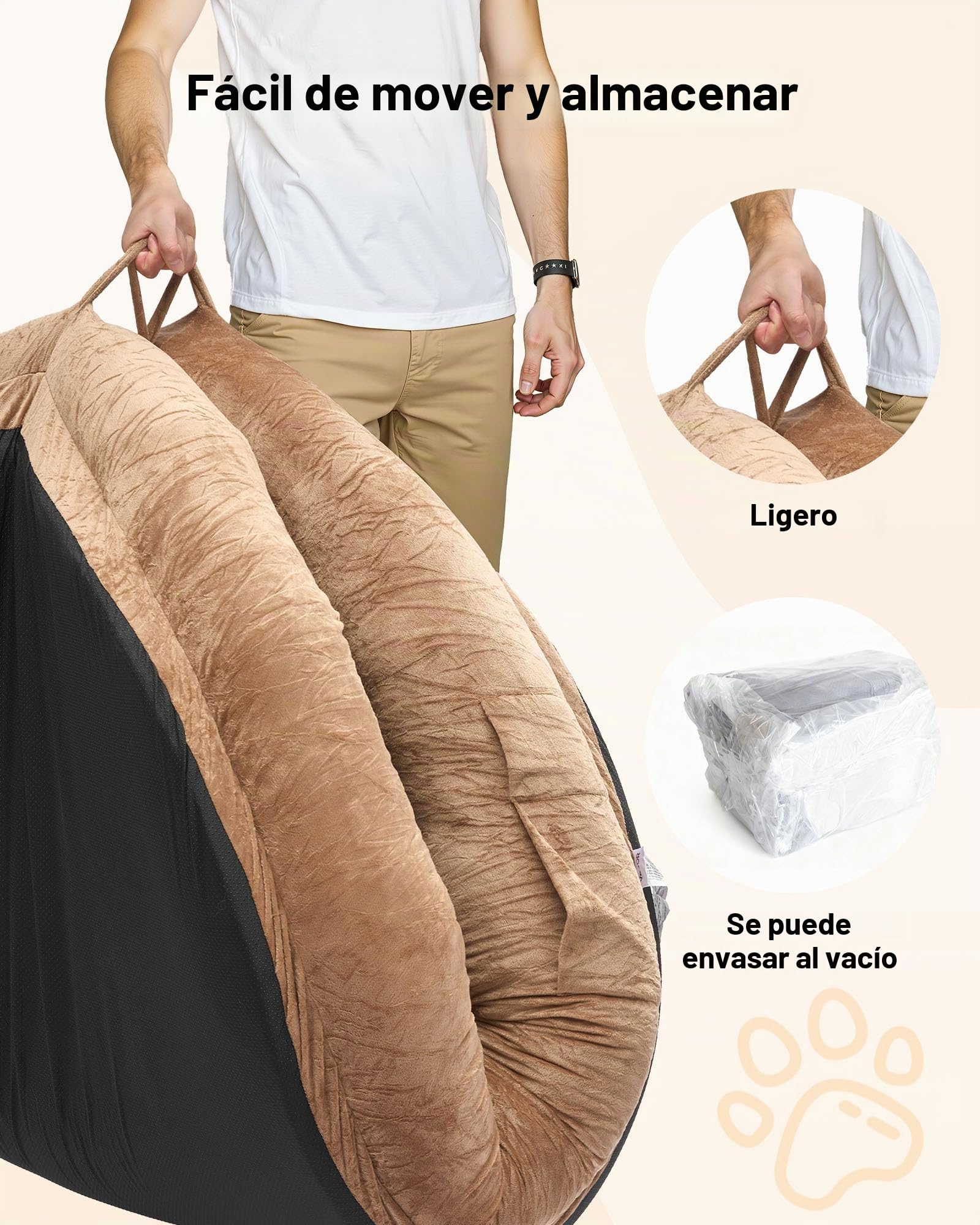 VEVOR Cama para Perros de Diseño Ovalado, Tamaño Humano, 177 x 123 x 24 cm, Ortopédica, de Espuma Viscoelástica, con Bolsillo Lateral, Asa y Cremallera, Funda Extraíble y Lavable a Máquina, Marrón
