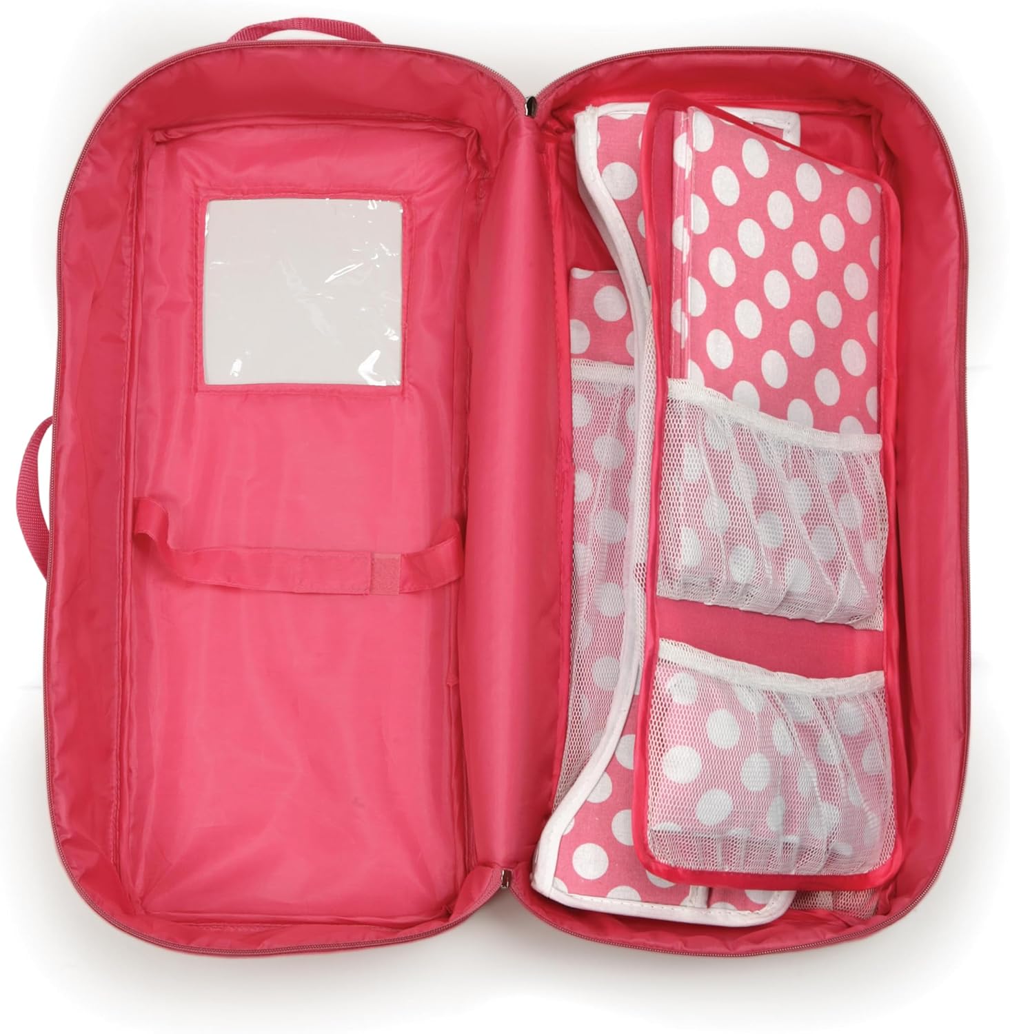 Badger Basket Doll Travel Case with Bed, Blanket, Pillow, Mesh Storage & Peek-a-Boo Window - Fits Girl Dolls - Portable Luggage Carrier with Straps for Pretend Play & Accessories - Hot Pink - Image 7