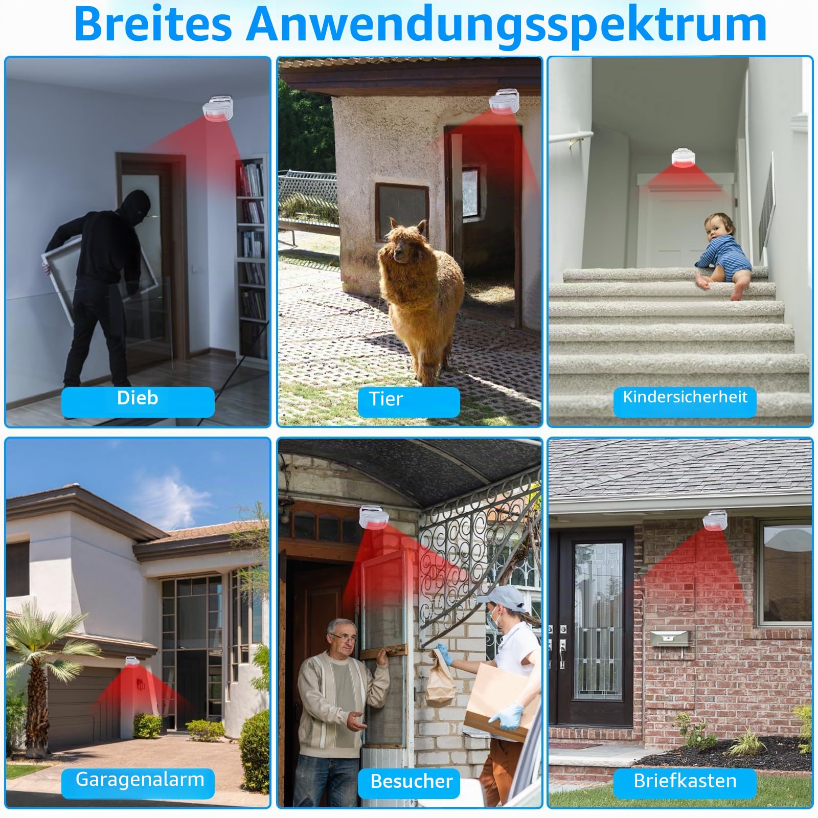 NineLeaf Durchgangsmelder,Bewegungsmelder Mit Alarm,Bewegungsmeld Wasserdicht,918ft,4-farbiges LED-Licht,17 Musik,5 Lautstärkestufen,Einfache Installation,Für Geschäfte, Büros(1Empfänger & 2Sensors)
