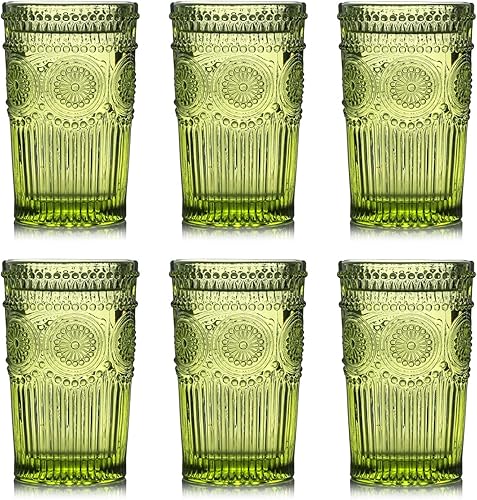 Kingrol Paquete de 6 vasos vintage de 12 onzas, vasos de agua románticos en relieve, juego de vasos de vidrio para jugo, bebidas, cerveza, cóctel