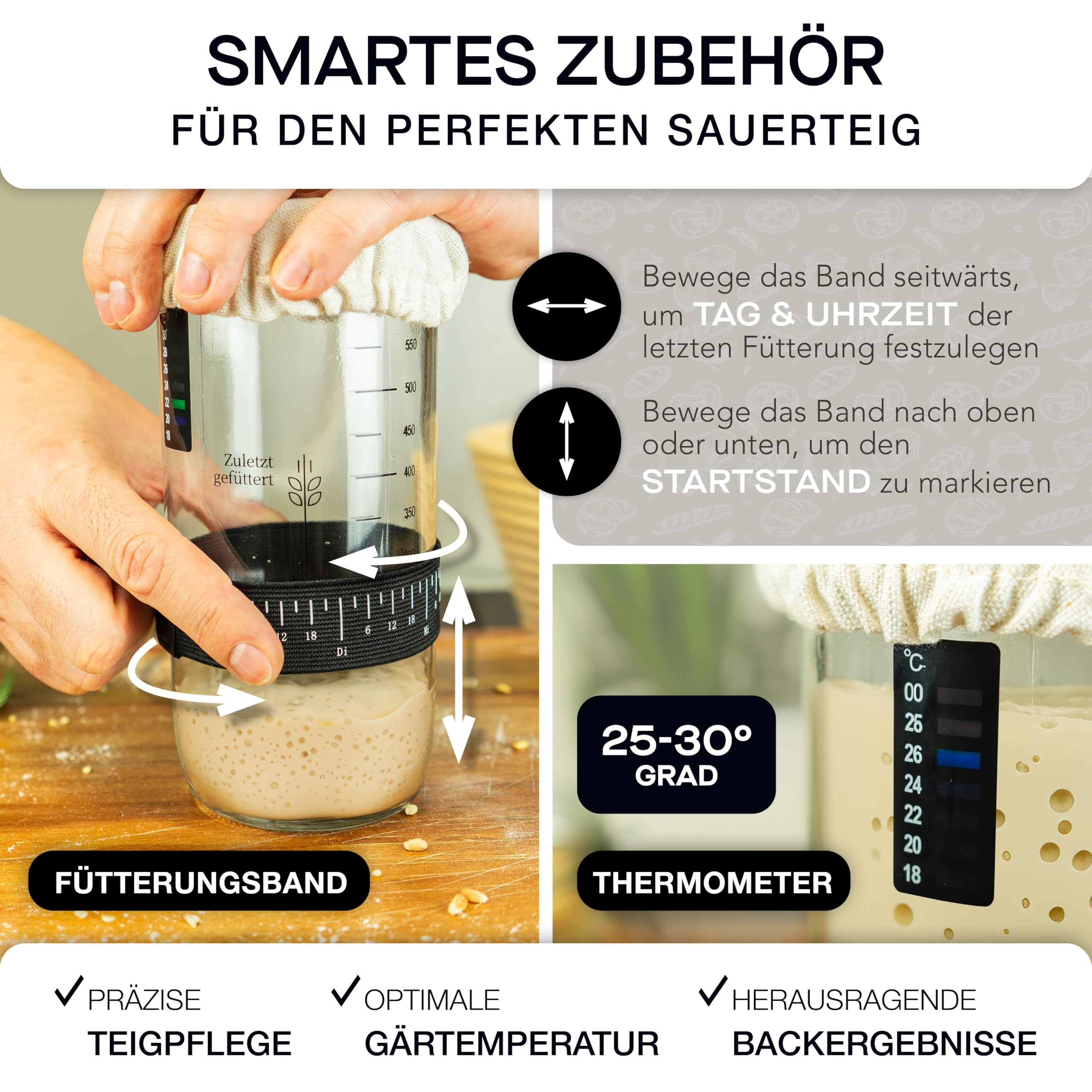 besøk Sauerteig Starter Set - 600ml Gärglas mit Spatel u. Thermometer - Brot Backen Zubehör, Sauerteig Glas, Fermentieren, Sourdough Starter Kit, Anstellgut Glas Behälter, Fermentierglas