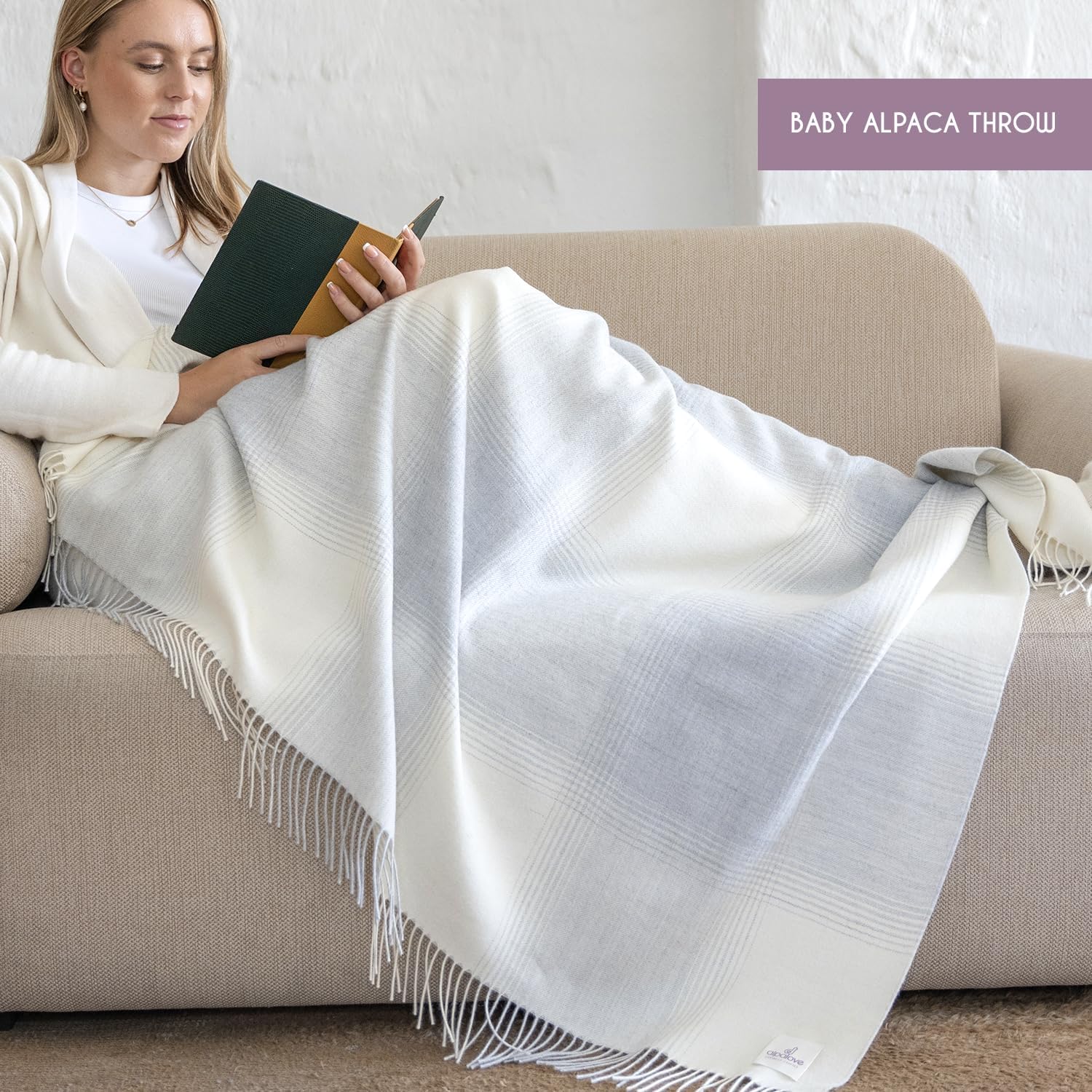 100% Baby Alpaca Throw Blanket 51 x 71 inches Silver Karo Collection