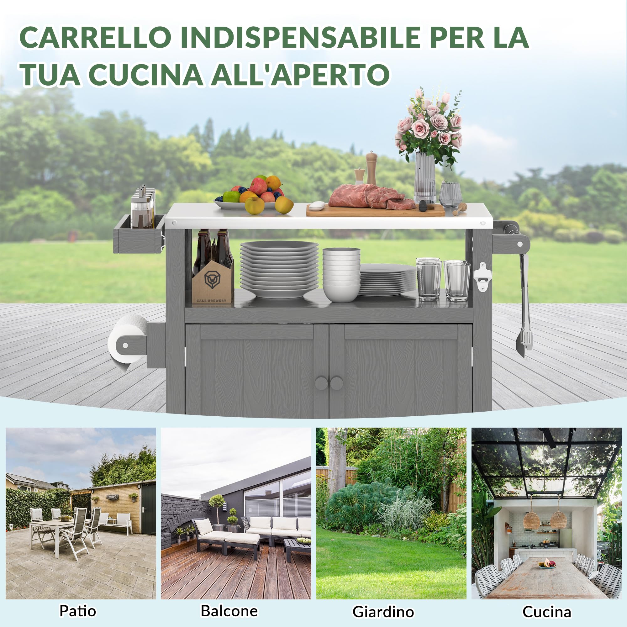 Isola di Cucina Esterna con Ruote Marrone - Carrello Barbecue Mobile Multifunzione, Piano Lavoro e Stoccaggio, Portatile per Giardino Terrazza Campeggio Picnic