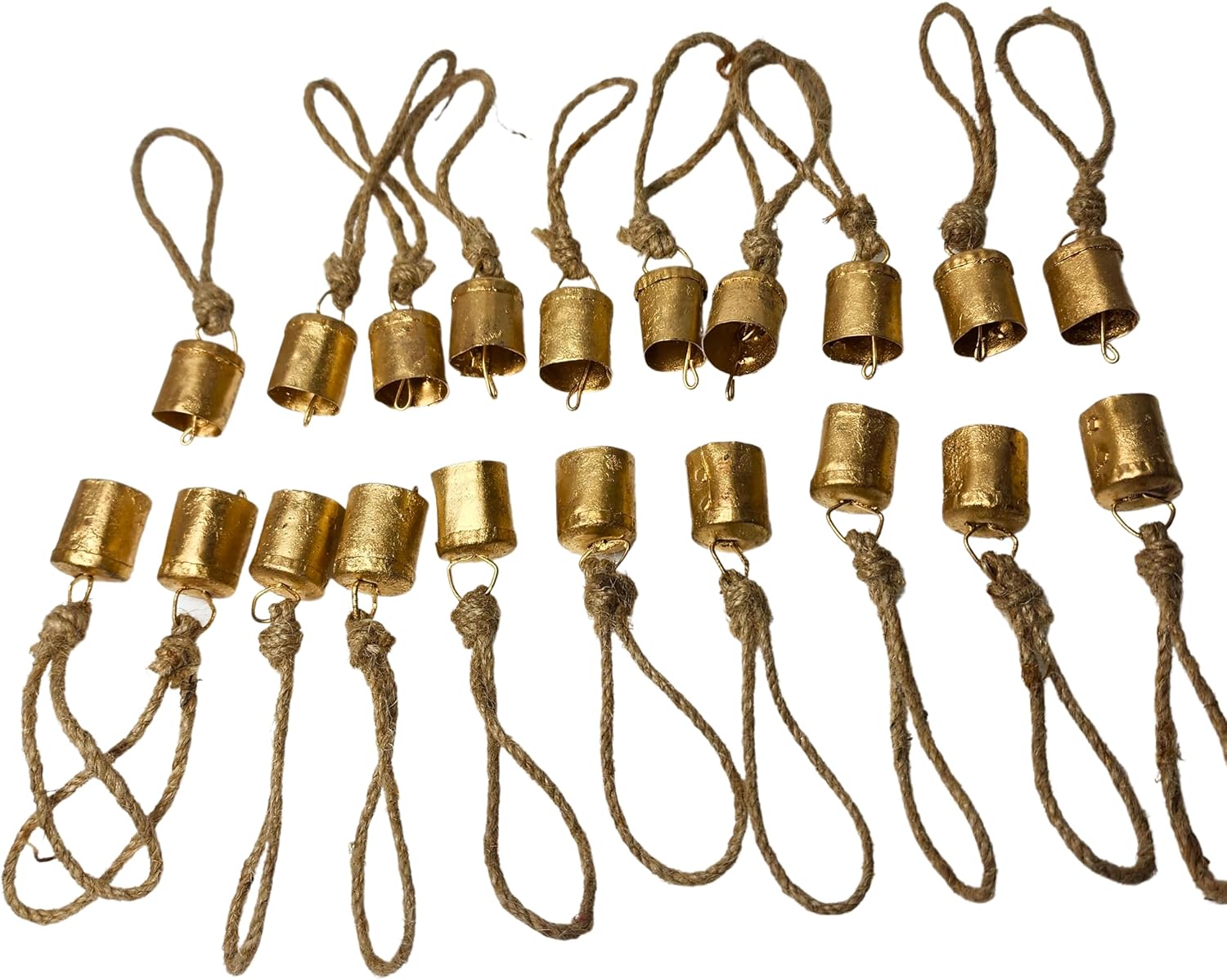 4cm Small Vintage Rustic Lucky Tin Metal Cow Bells Handmade Christmas Décor Bells on Jute Rope (10, Cylinder)