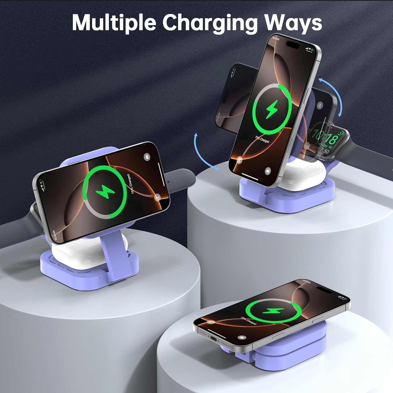 3 in 1 Mini Foldable Charging Station for Apple Devices, Wireless Charger Stand for Magsafe for iPhone 17/Air/16/15/14/13/12 Series, Apple Watch Series, AirPods pro/2/3/4, Gifts for Women Men (Purple)