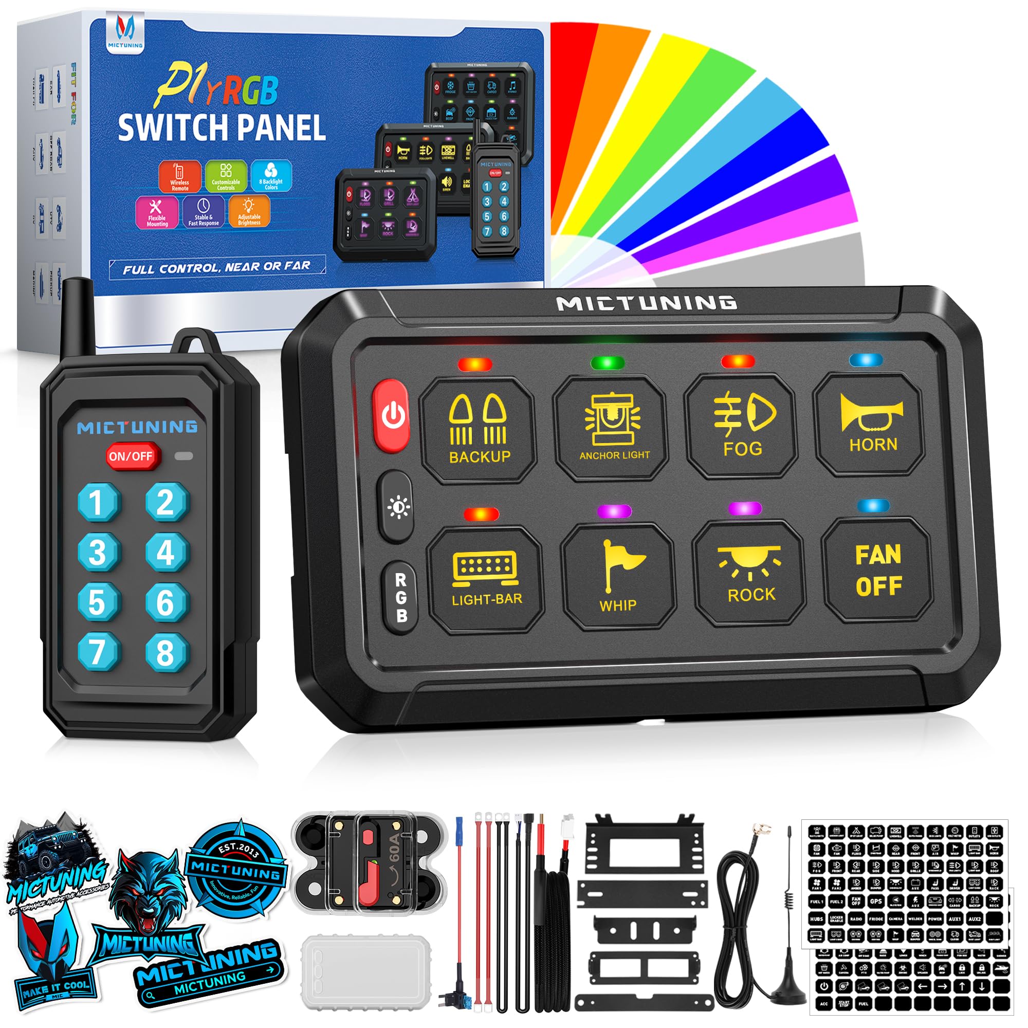 Photo 1 of MICTUNING P1Y RGB 8 Gang Dual-Control Switch Panel with RF Remote, 230FT Wireless Range, Multifunction 6 Level Brightness Backlit Off Toggle Momentary Strobe Pulsed Switch Pod w/Silicone Cover