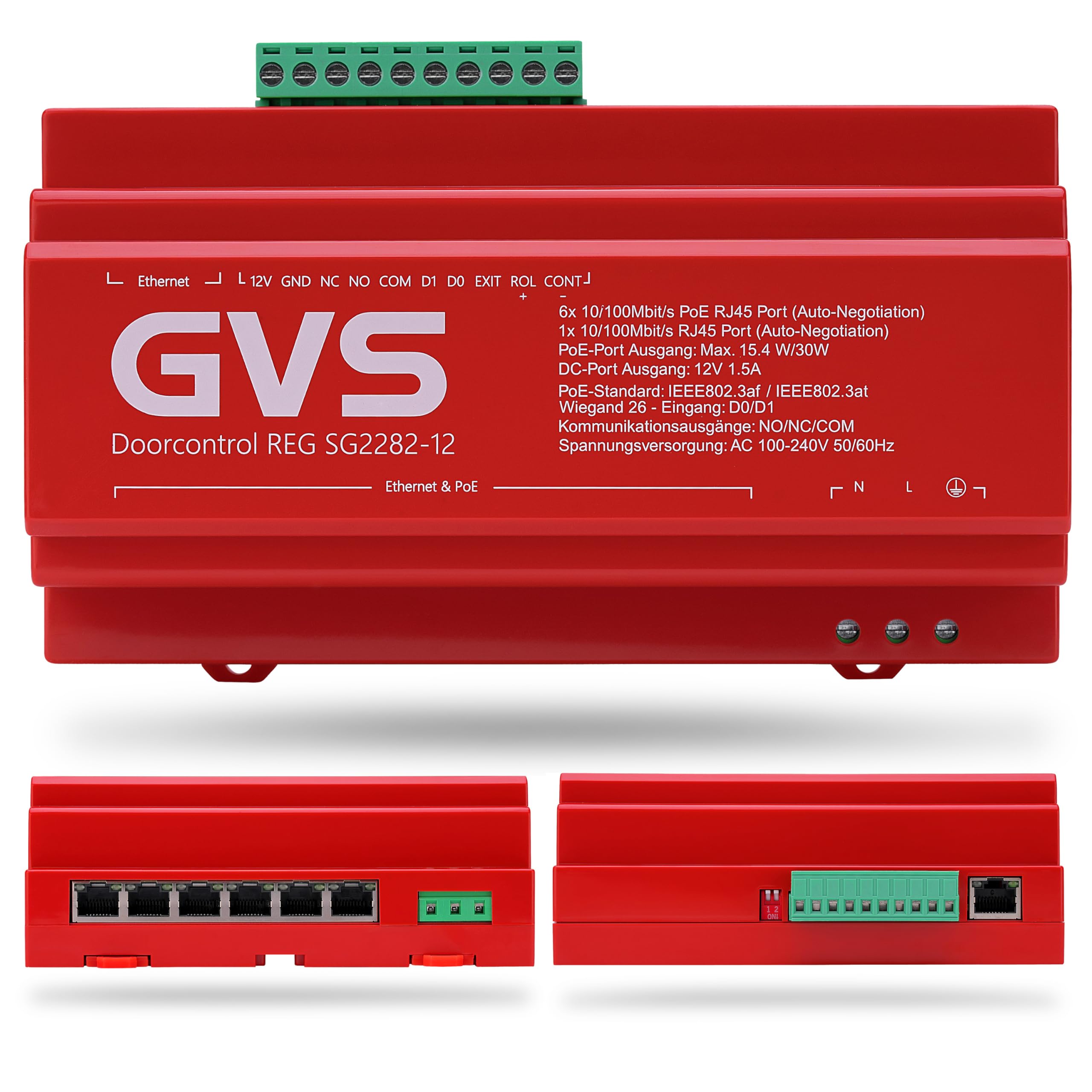 GVS Steuergerät Doorcontrol REG SG2282-12 V2 - PoE Switch mit 12V DC Ausgang & Wiegand 26 zur Hutschienenmontage im Verteilerschrank - Steuerung für IP Türsprechanlagen & Sicherheitssysteme