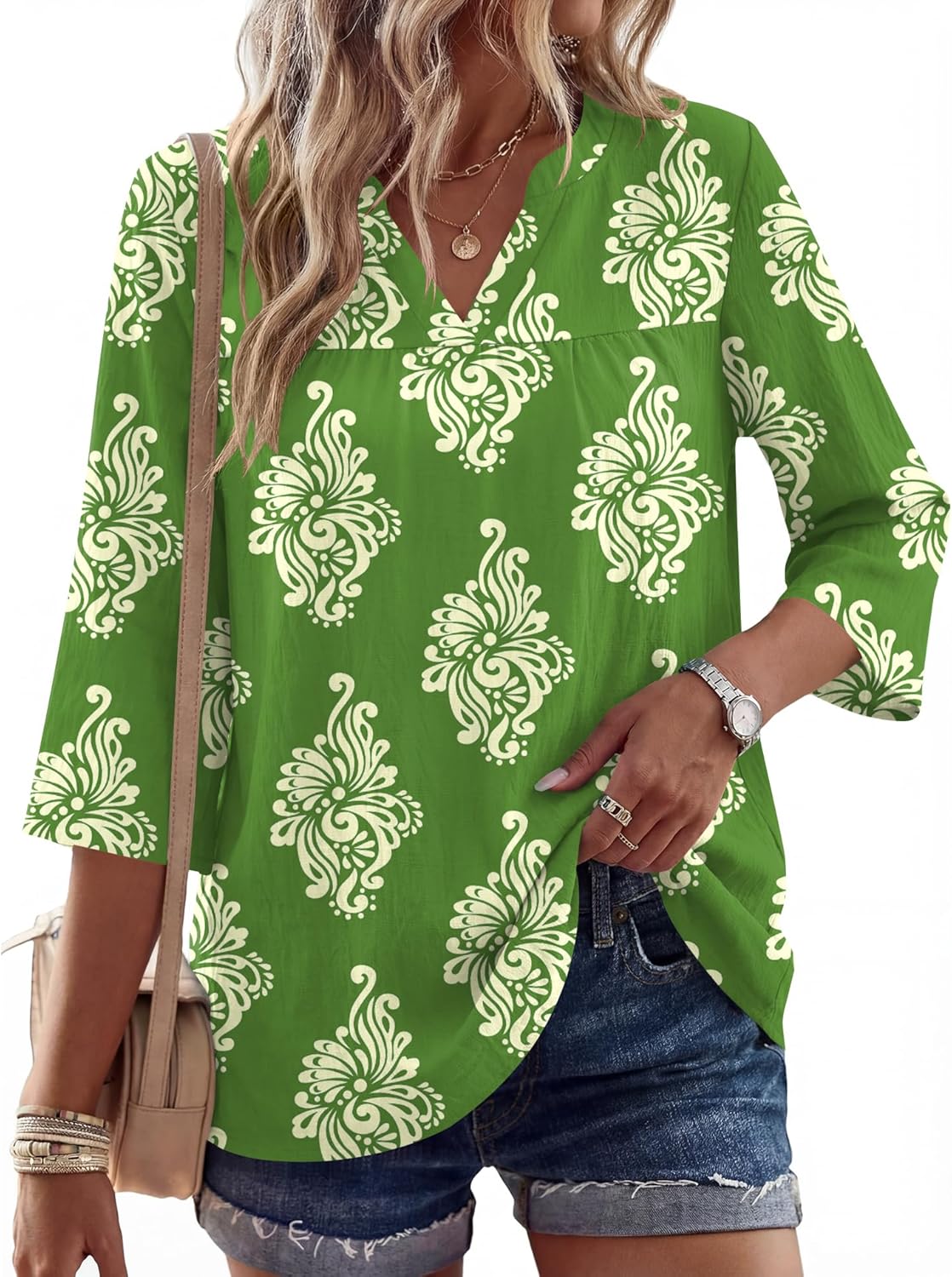 Rapbin Womens 3/4 Sleeve V Neck Floral Print Pleated Blouses for Women Dressy Casual Loose Fit Tops