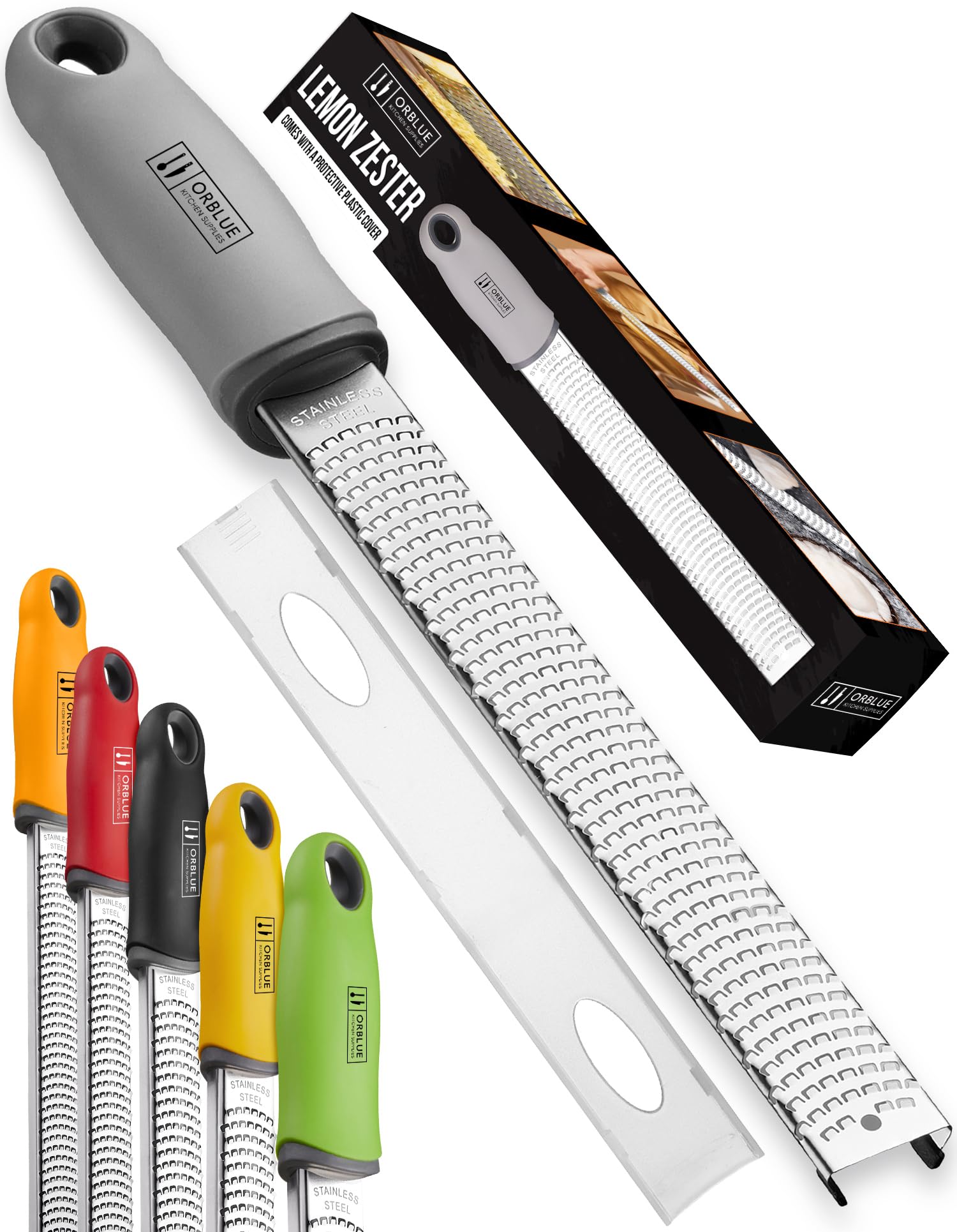 Orblue Lemon Zester & Cheese Grater - Premium Citrus Zester, Kitchen Grater for Parmesan, Chocolate, Fruits, Vegetables, Ginger, Garlic, Nutmeg - Stainless Steel Blades with Protective Cover, Gray
