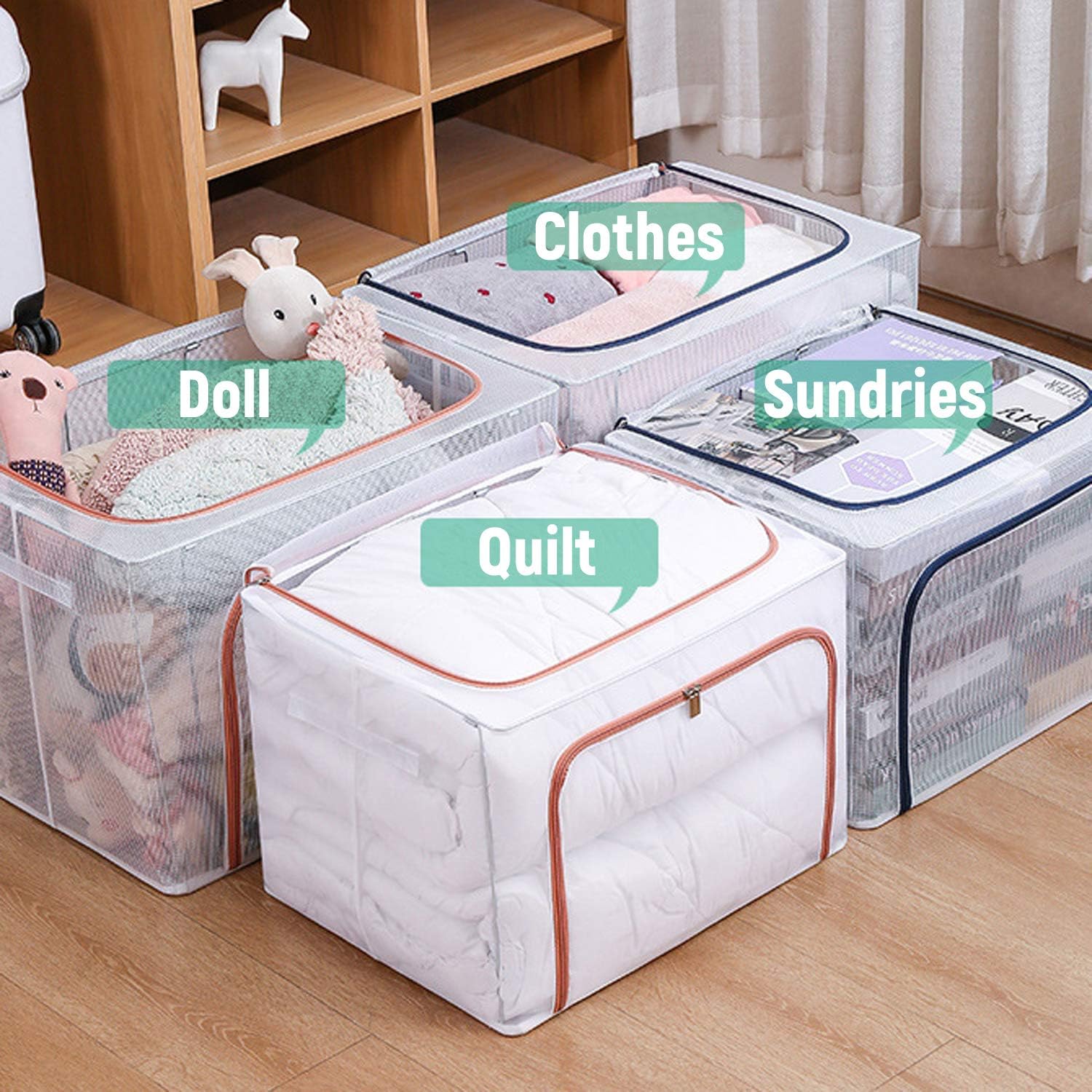 Clothes Storage Bag 110L Large Capacity Organizer Large Blanket Storage Chest Comforter Bag Storage Sturdy Zippers,Reinforced Handle 3 Fixed Folding Steel Frames, Visible Grid, Waterproof And Dustproof (3 Pack) : Home & Kitchen