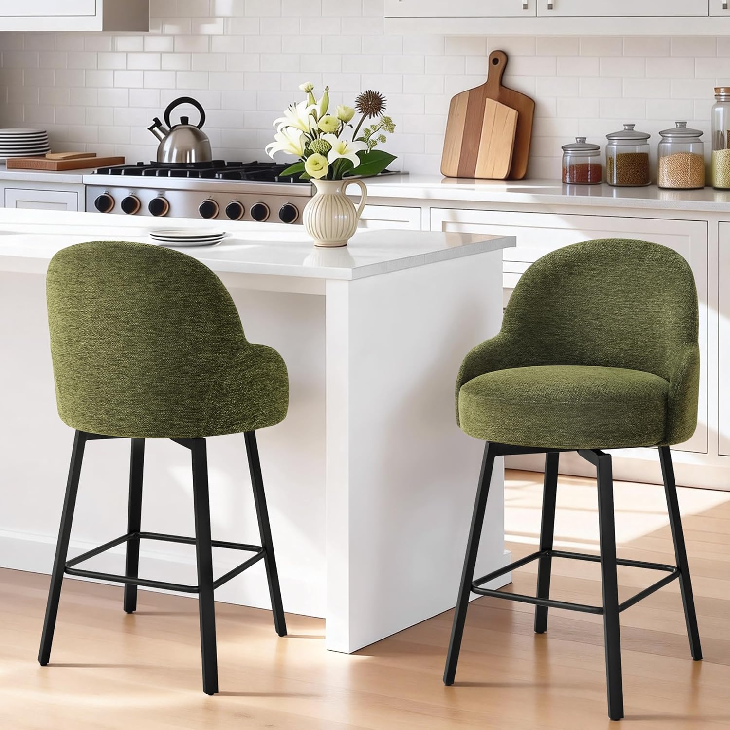 Counter Height Bar Stools Set of 4 with Back, 26''H Upholstered Swivel Barstools with Metal Leg, Modern Counter Stools for Kitchen Island, Home Bar, Pub,Green