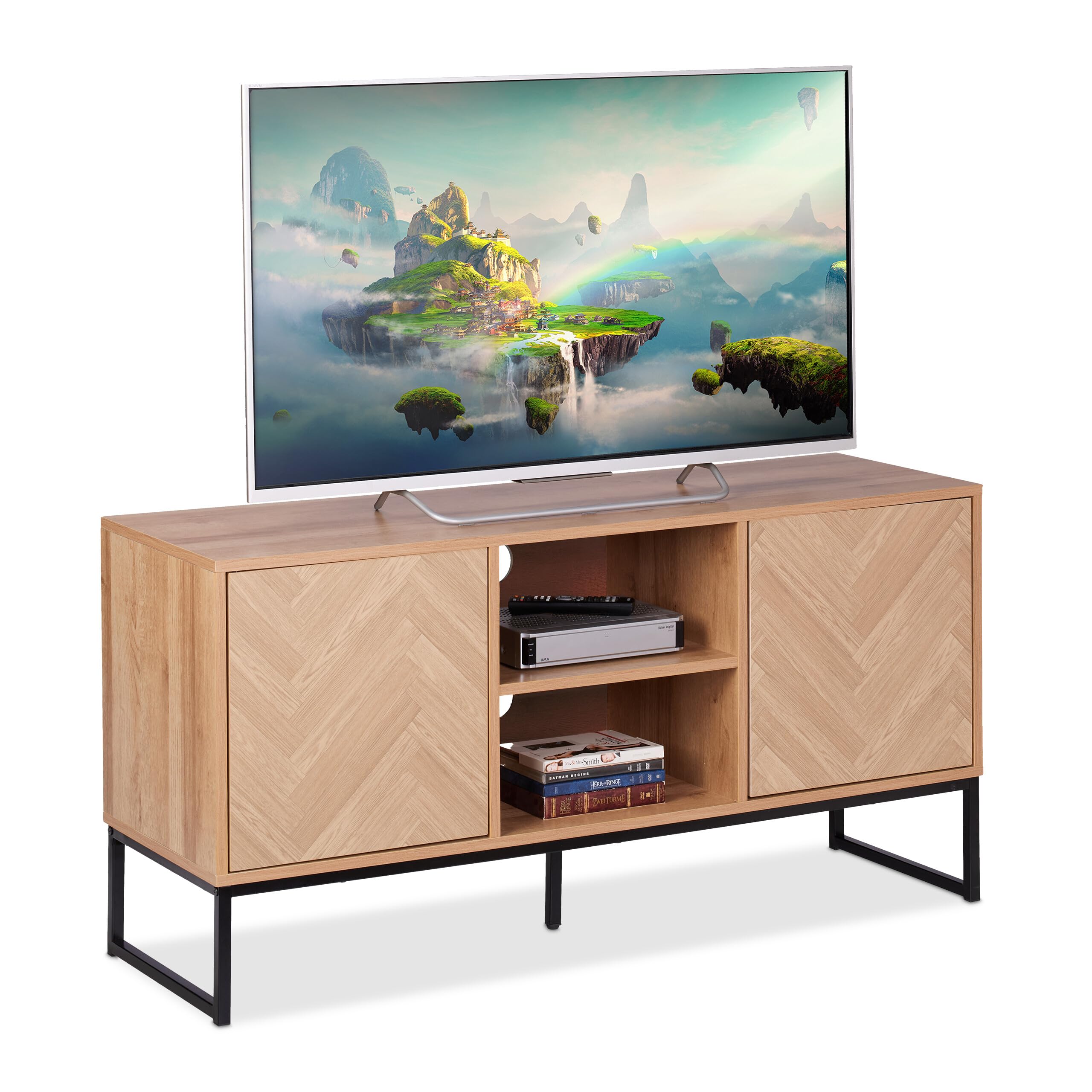 Relaxdays Mobile TV Soggiorno, HLP: 60x120x38 cm, Mobiletto Basso Porta Televisore da Salotto, Industriale, Legno Chiaro