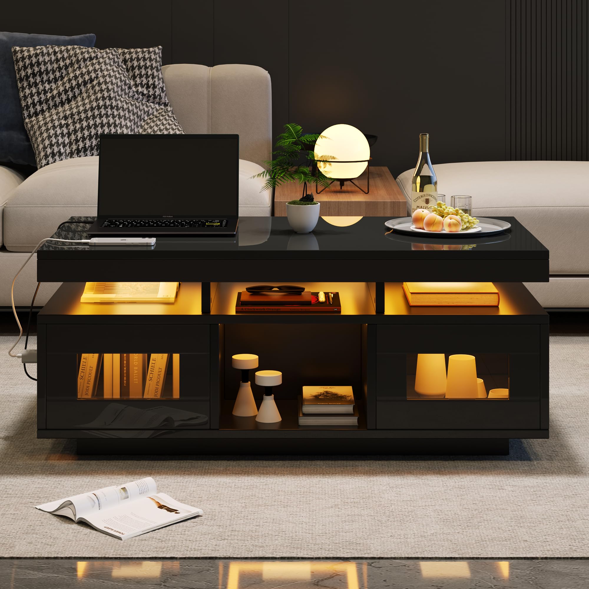 BTM 100x50x43cm Schwarz Hochglanz-Couchtisch, App-LED-Leuchten, Schrank, Ladeanschluss, Büro
