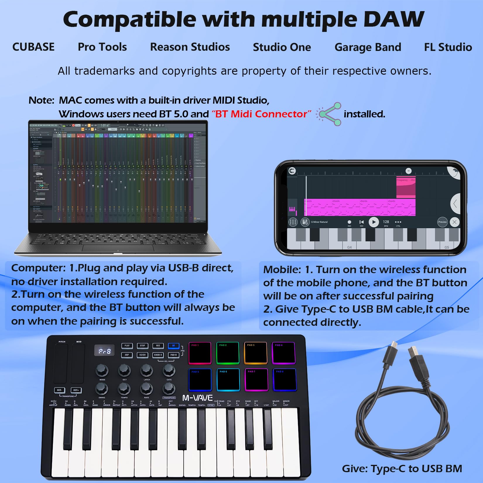 M-VAVE 25 tasti 8 retroilluminati Drum Pads Tastiera MIDI - Beat Maker professionale e Keytar per la produzione musicale Tastiera Batteria integrata Connessione wireless, Nero, MIDI 8 PADS