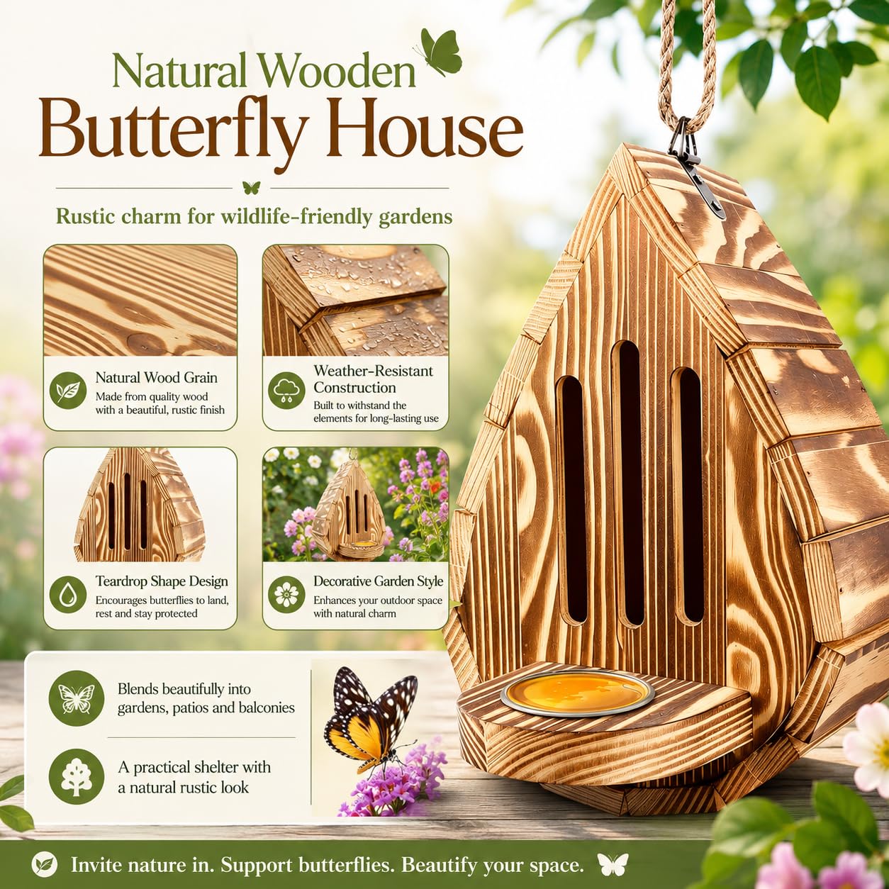 Schmetterlingshaus für den Garten, Holz-Futterstation in Tropfenform, Bienen- und Schmetterlings-Futterstation mit Puddler, wetterfeste Hofdekoration für Käfer, Motten und Florfliegen