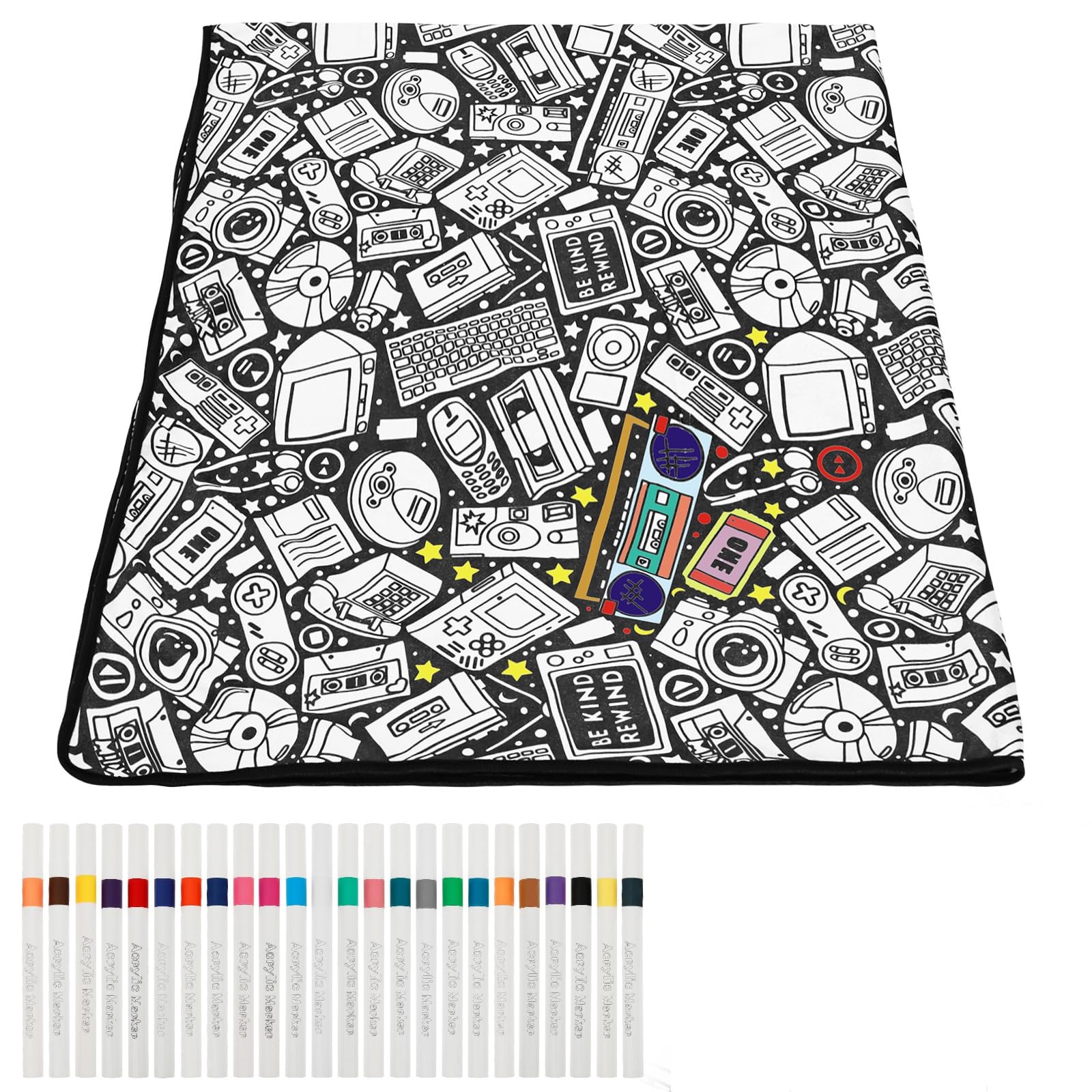 YUNYOUC DIY Colouring Blanket for Adults, DIY Coloring Blankets, Washable Colour Your Own Picnic Blanket with 24 Colors Markers, Creative Stress Relief Activity(Sci Fi Design)