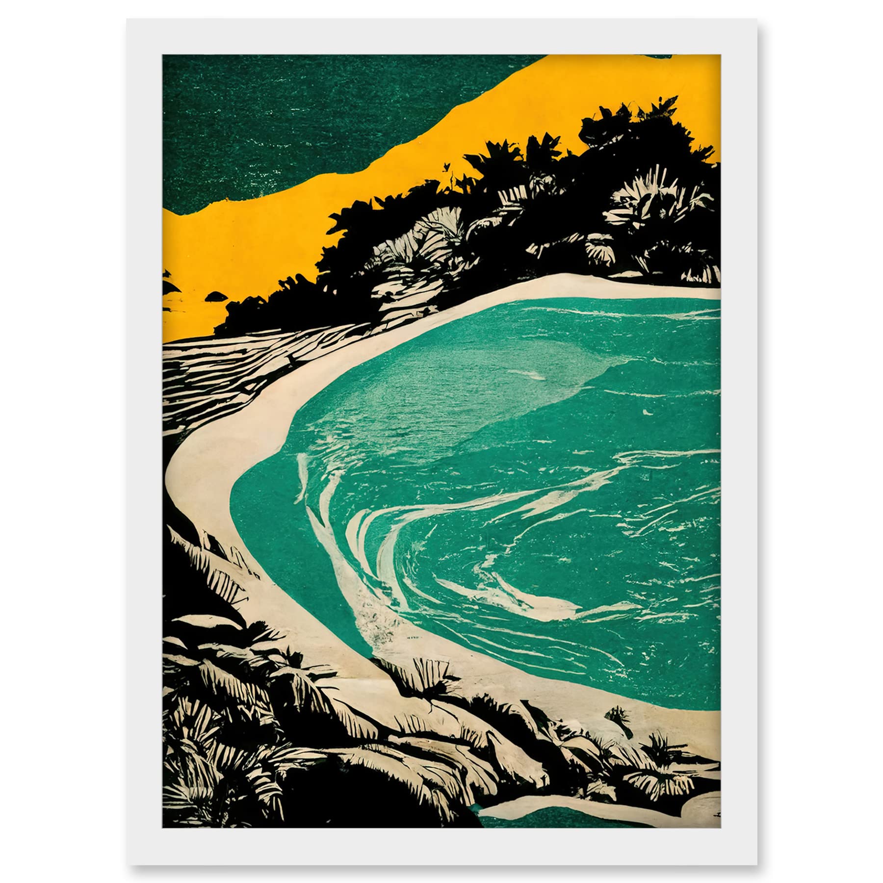 Wee Blue Coo Beach Lagoon Abstract Marbled Seascape Mustard Teal Artwork Framed A3 Wall Art Print