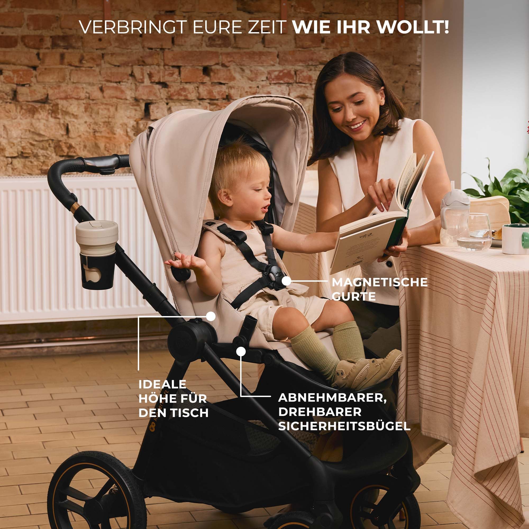 Kinderkraft NEA 2 Kinderkraft buggy von Geburt bis 22 kg, Zusammenklappen mit einer Hand, Liegeposition, großes Verdeck, alle 4 Räder gedämpft, extrem leicht, UPF50+, Korb bis zu 5 kg, Beige