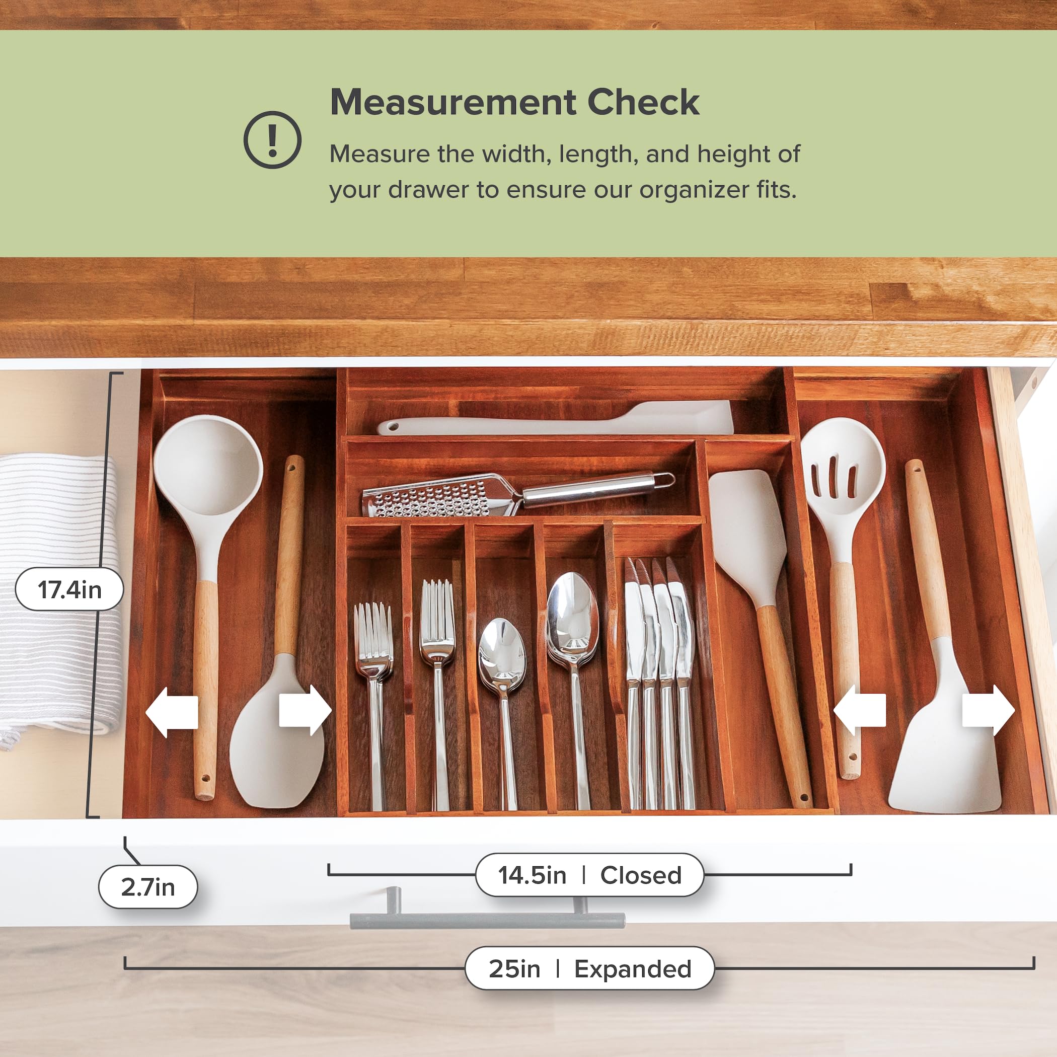 Organizer Per Cassetti In Legno Di Acacia Besilord - Divisorio 7 Scomparti Per Posate, Cucina E Ufficio, 33 Cm