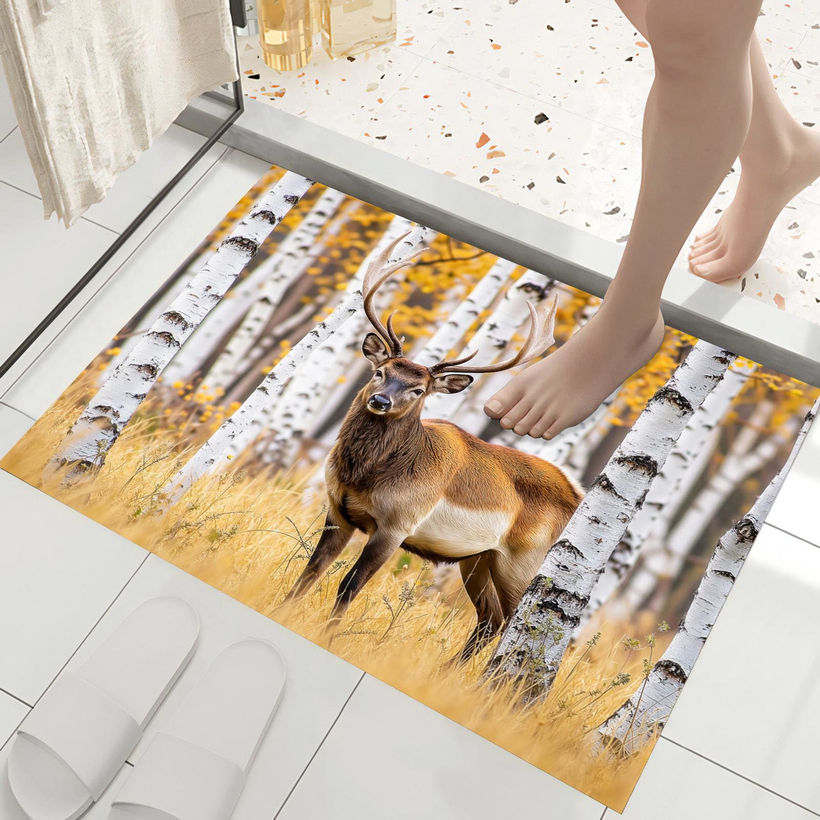 Felpudo Renos Hierba Bosque Abedules Lavable, Alfombra Pequeña Animales Otoño De 90X150Cm, Tapetes De Puerta Suaves Para Entrada, Alfombras De Entrada Antideslizantes Amarillo-Marrón De Pelo Bajo